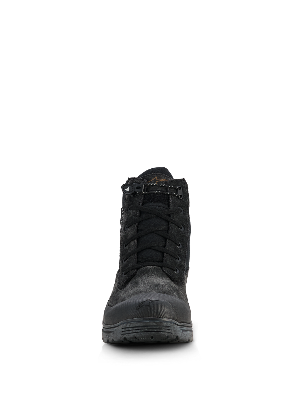 Buty Alpinestars Woman Judy Waterproof, damskie buty motocyklowe, czarne, widok z przodu prezentujący design w stylu militarnym, sznurowane z elastycznym ściągaczem przy kołnierzu, matowe wykończenie z gumowym wzmocnieniem noska i podwyższoną podeszwą