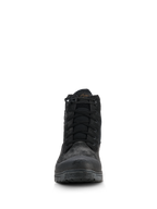 Buty Alpinestars Woman Judy Waterproof, damskie buty motocyklowe, czarne, widok z przodu prezentujący design w stylu militarnym, sznurowane z elastycznym ściągaczem przy kołnierzu, matowe wykończenie z gumowym wzmocnieniem noska i podwyższoną podeszwą