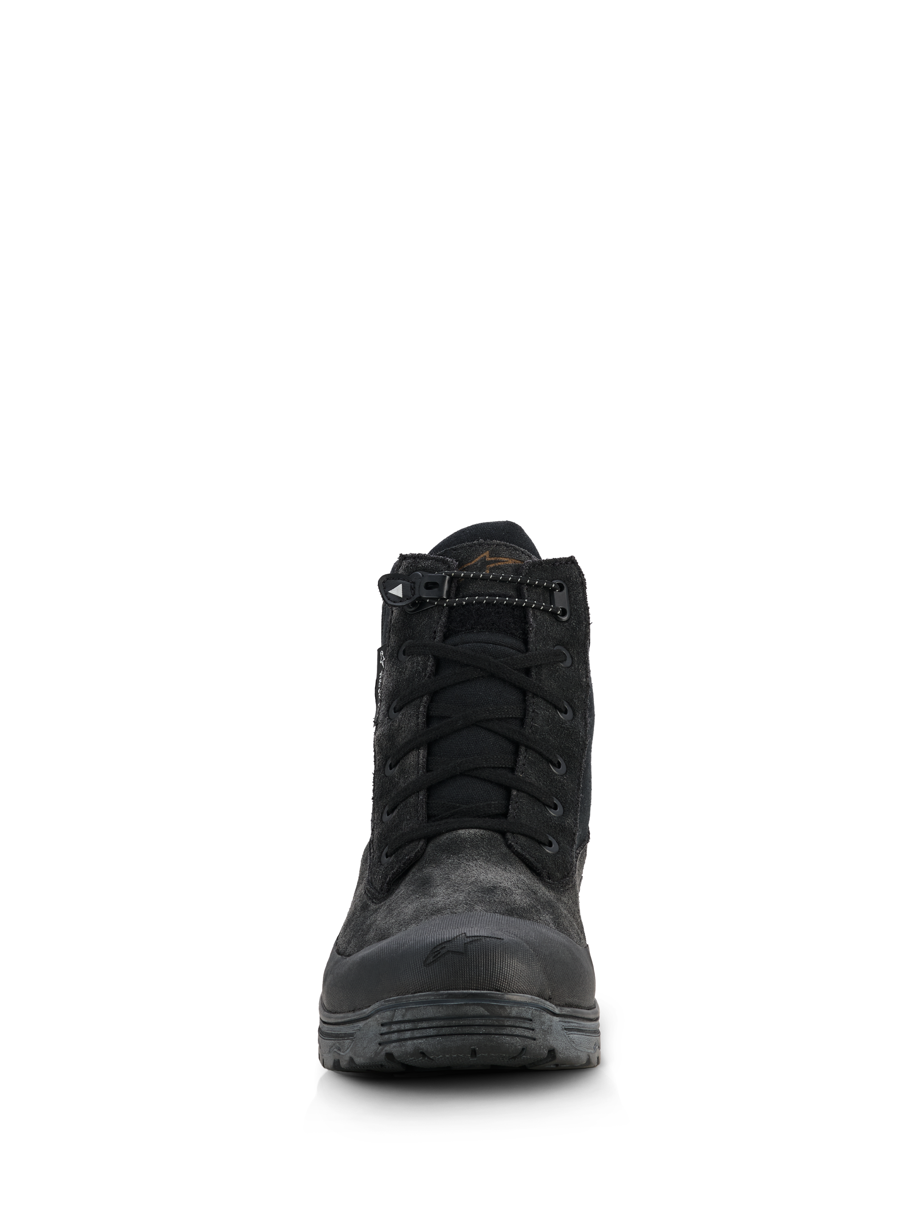 Buty Alpinestars Woman Judy Waterproof, damskie buty motocyklowe, czarne, widok z przodu prezentujący design w stylu militarnym, sznurowane z elastycznym ściągaczem przy kołnierzu, matowe wykończenie z gumowym wzmocnieniem noska i podwyższoną podeszwą