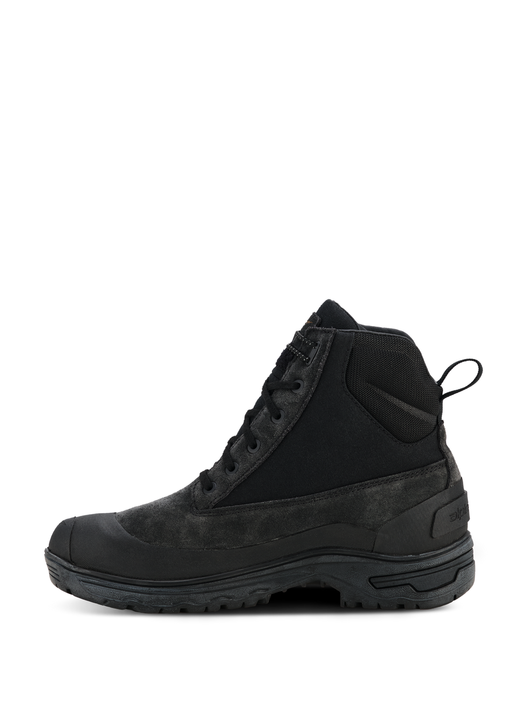 Alpinestars Woman Judy Waterproof Boots, czarne damskie buty motocyklowe, wysoka konstrukcja inspirowana butami bojowymi, widok z boku, sznurowadła i tylna pętla, podwyższona gumowa podeszwa, wytrzymała konstrukcja ze skóry i materiałów tekstylnych do jazdy miejskiej