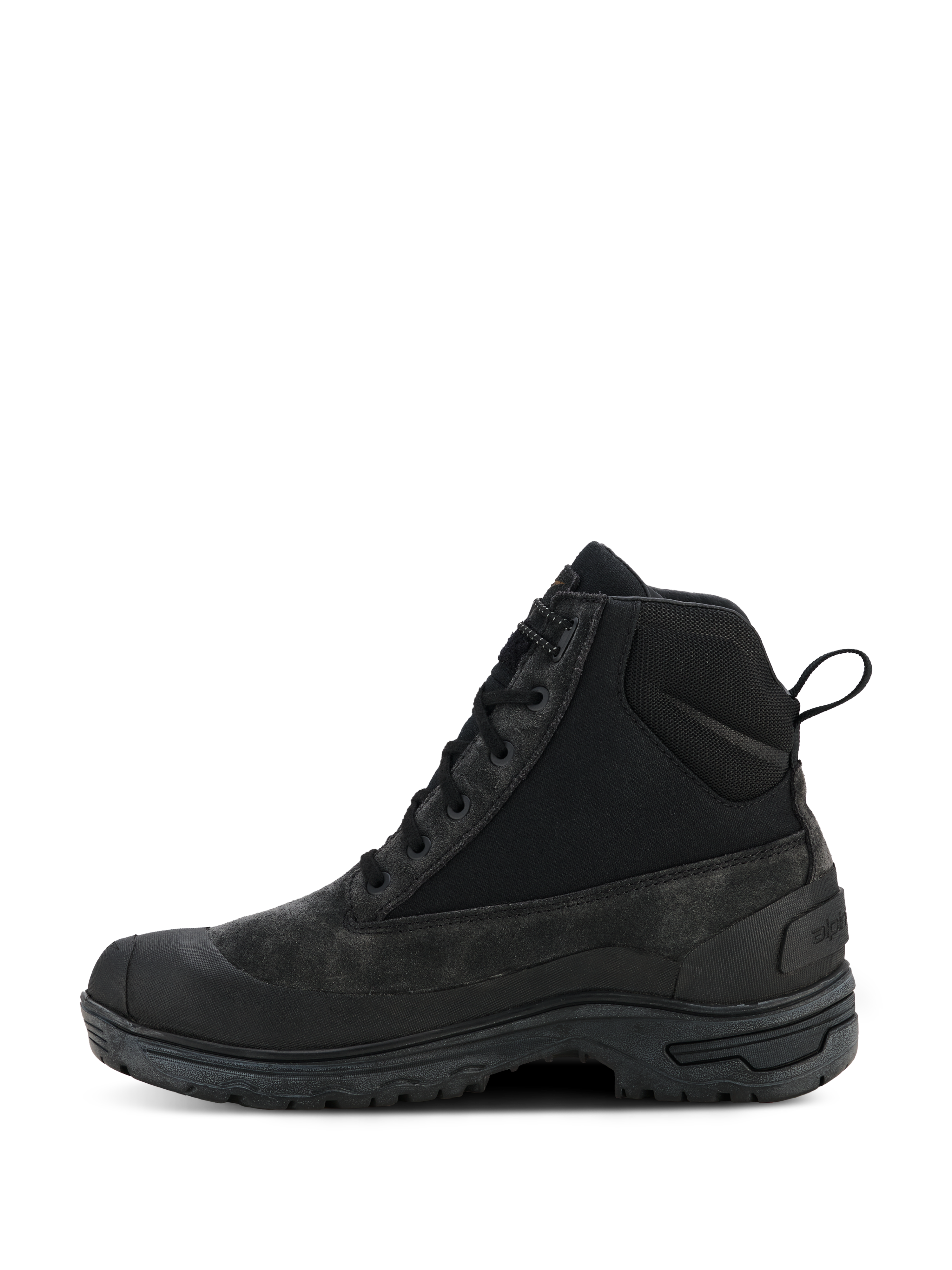 Alpinestars Woman Judy Waterproof Boots, czarne damskie buty motocyklowe, wysoka konstrukcja inspirowana butami bojowymi, widok z boku, sznurowadła i tylna pętla, podwyższona gumowa podeszwa, wytrzymała konstrukcja ze skóry i materiałów tekstylnych do jazdy miejskiej