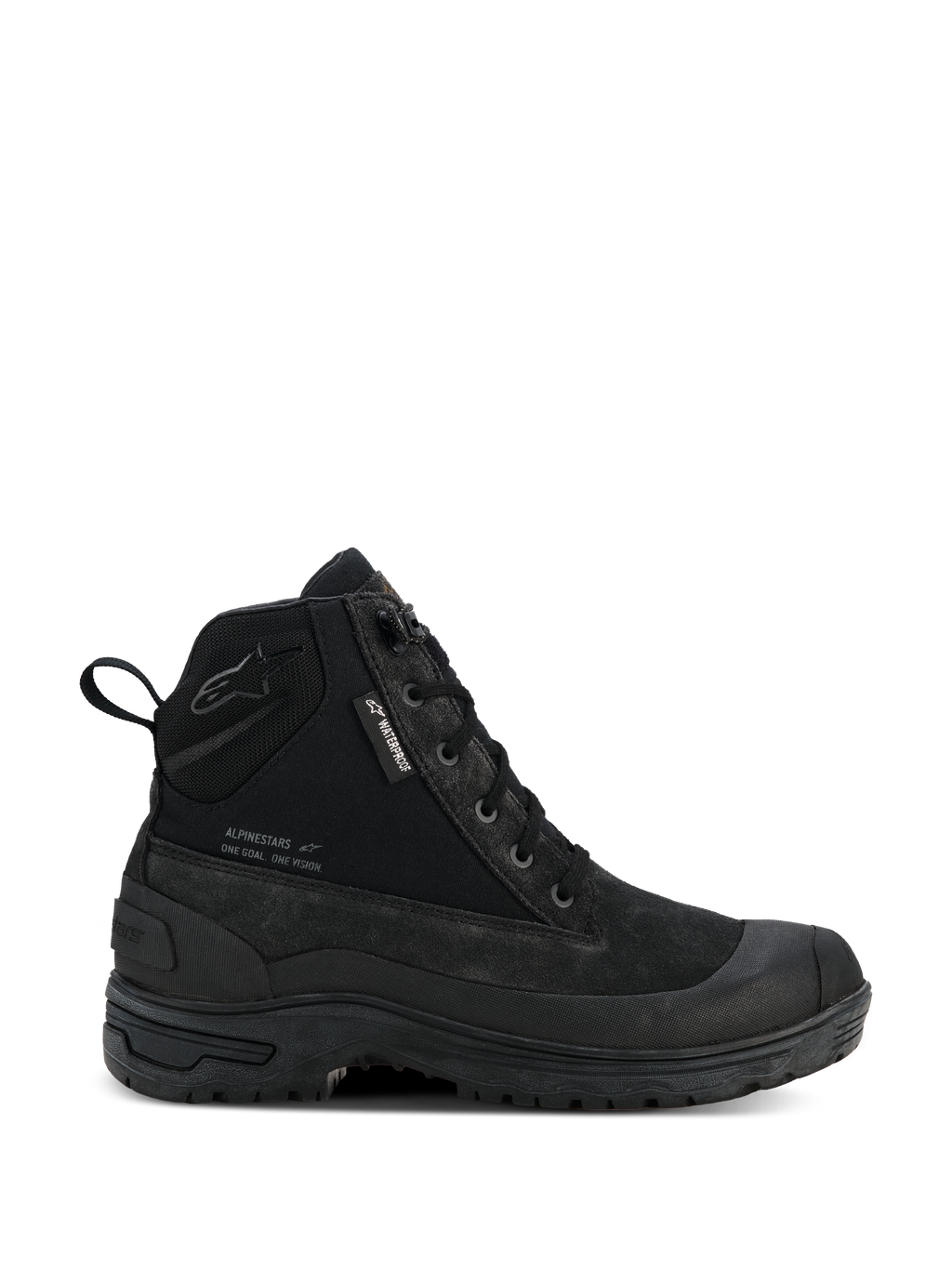 Damskie buty Alpinestars Judy Waterproof, damskie miejskie buty motocyklowe, czarne, wysokie buty w stylu combat ze sznurowaniem z przodu, solidna gruba podeszwa, metka Waterproof i uchwyt z tyłu, wykończenie z matowego zamszu i tkaniny