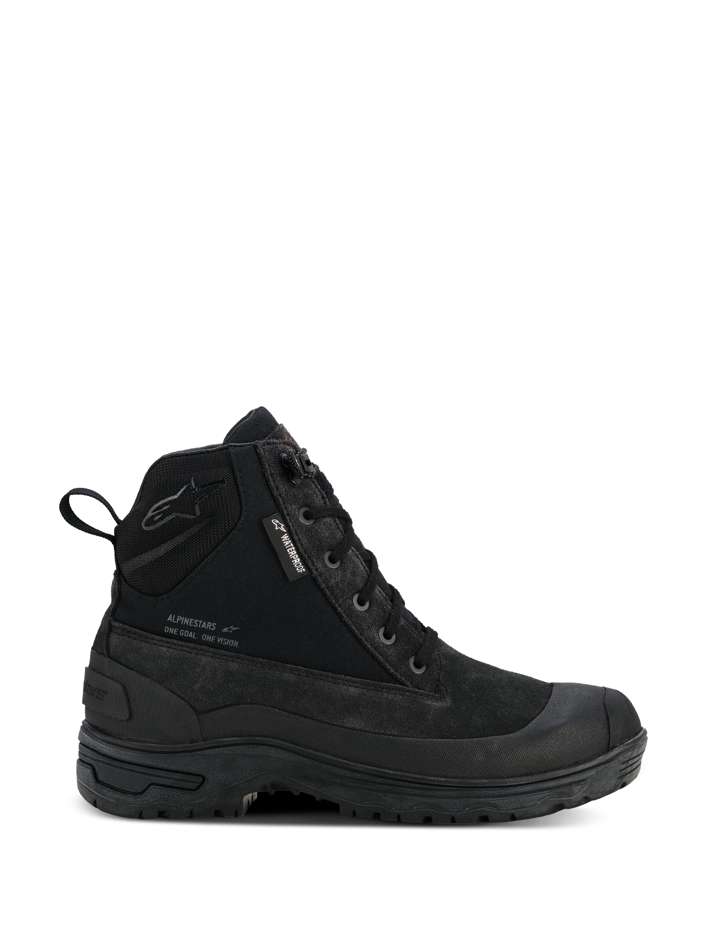 Damskie buty Alpinestars Judy Waterproof, damskie miejskie buty motocyklowe, czarne, wysokie buty w stylu combat ze sznurowaniem z przodu, solidna gruba podeszwa, metka Waterproof i uchwyt z tyłu, wykończenie z matowego zamszu i tkaniny