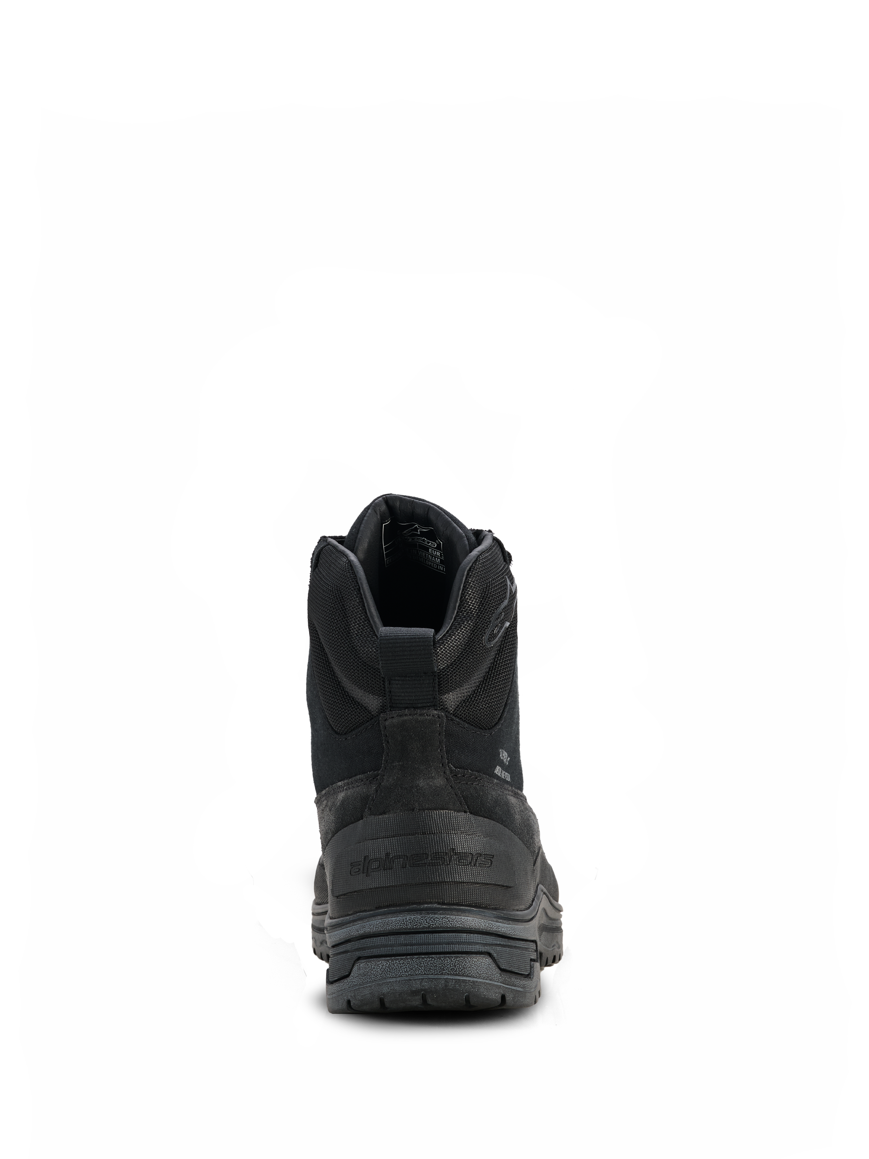 Alpinestars Woman Judy Waterproof Boots, damskie buty motocyklowe, czarne, widok z tyłu pokazujący solidną piętę z wytłoczonym logo, zintegrowany uchwyt oraz podwyższoną podeszwę w stylu bojowym do jazdy w każdych warunkach pogodowych.