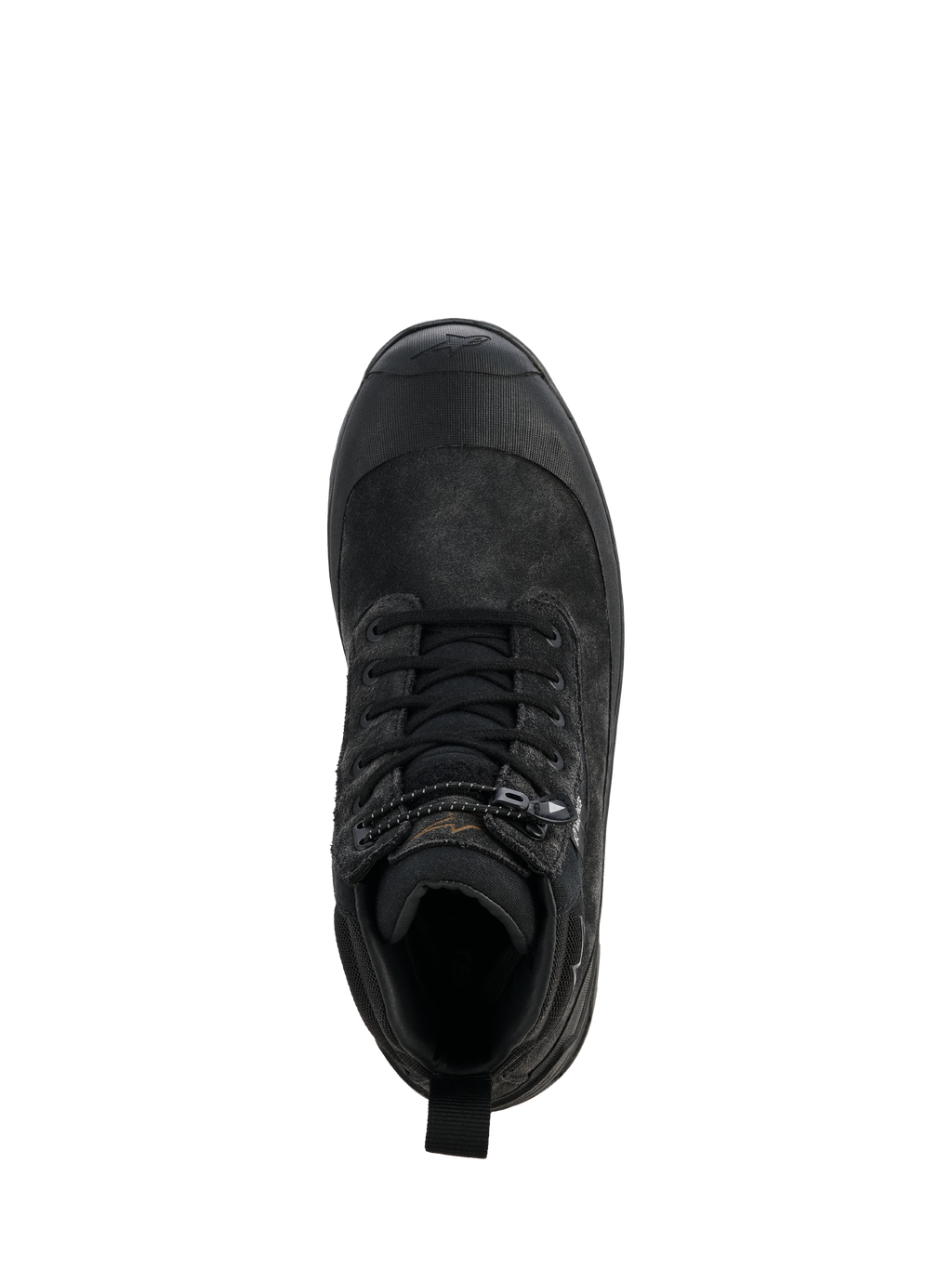 Damskie buty motocyklowe Alpinestars Judy WP, czarne, widok z góry na pojedynczy but, design inspirowany butami bojowymi ze sznurowadłami i zapięciem na ściągacz, gumowane wzmocnienie palców, wytrzymała konstrukcja ze skóry i materiałów tekstylnych do jazdy szosowej