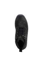 Damskie buty motocyklowe Alpinestars Judy WP, czarne, widok z góry na pojedynczy but, design inspirowany butami bojowymi ze sznurowadłami i zapięciem na ściągacz, gumowane wzmocnienie palców, wytrzymała konstrukcja ze skóry i materiałów tekstylnych do jazdy szosowej