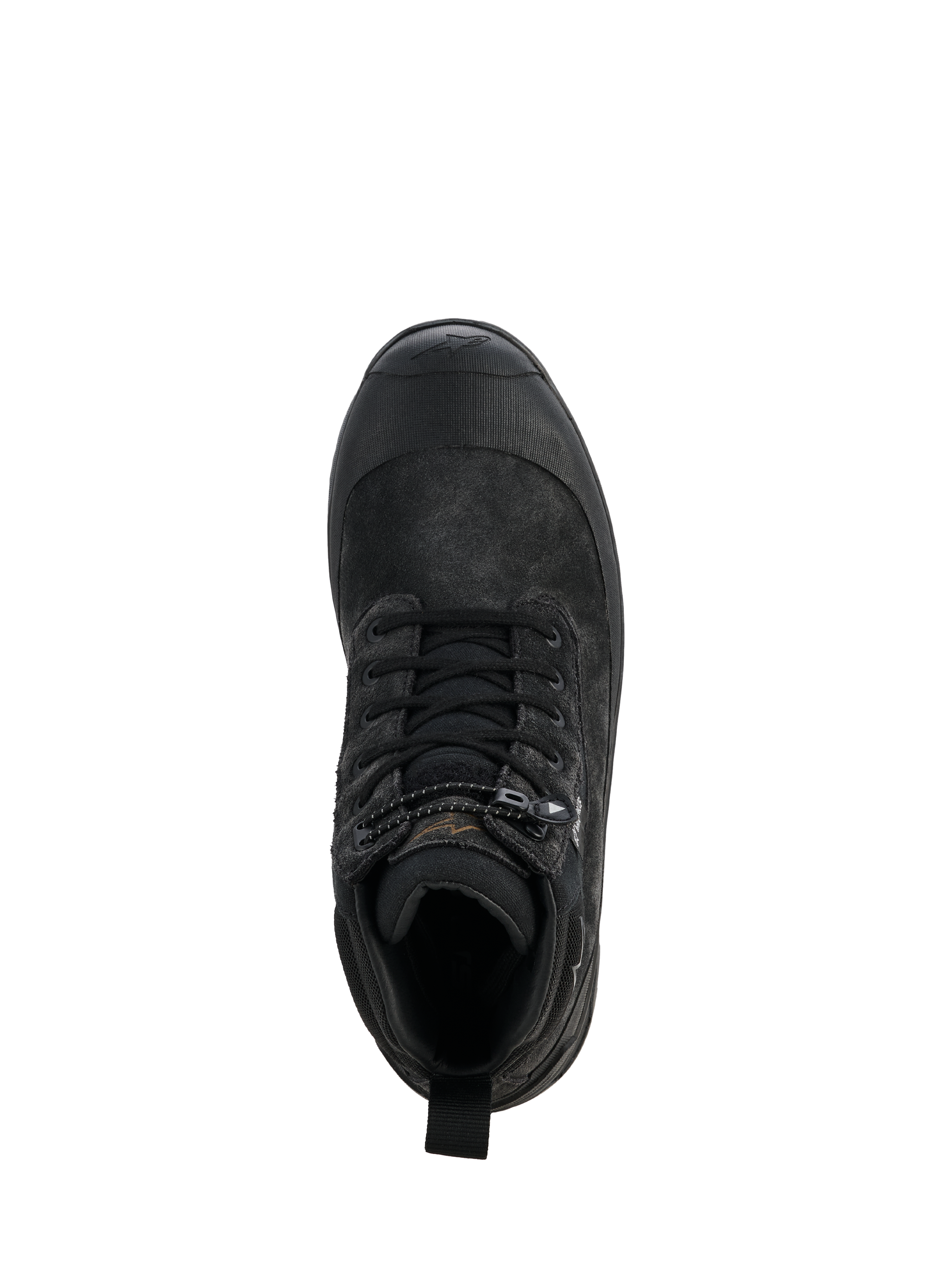 Damskie buty motocyklowe Alpinestars Judy WP, czarne, widok z góry na pojedynczy but, design inspirowany butami bojowymi ze sznurowadłami i zapięciem na ściągacz, gumowane wzmocnienie palców, wytrzymała konstrukcja ze skóry i materiałów tekstylnych do jazdy szosowej