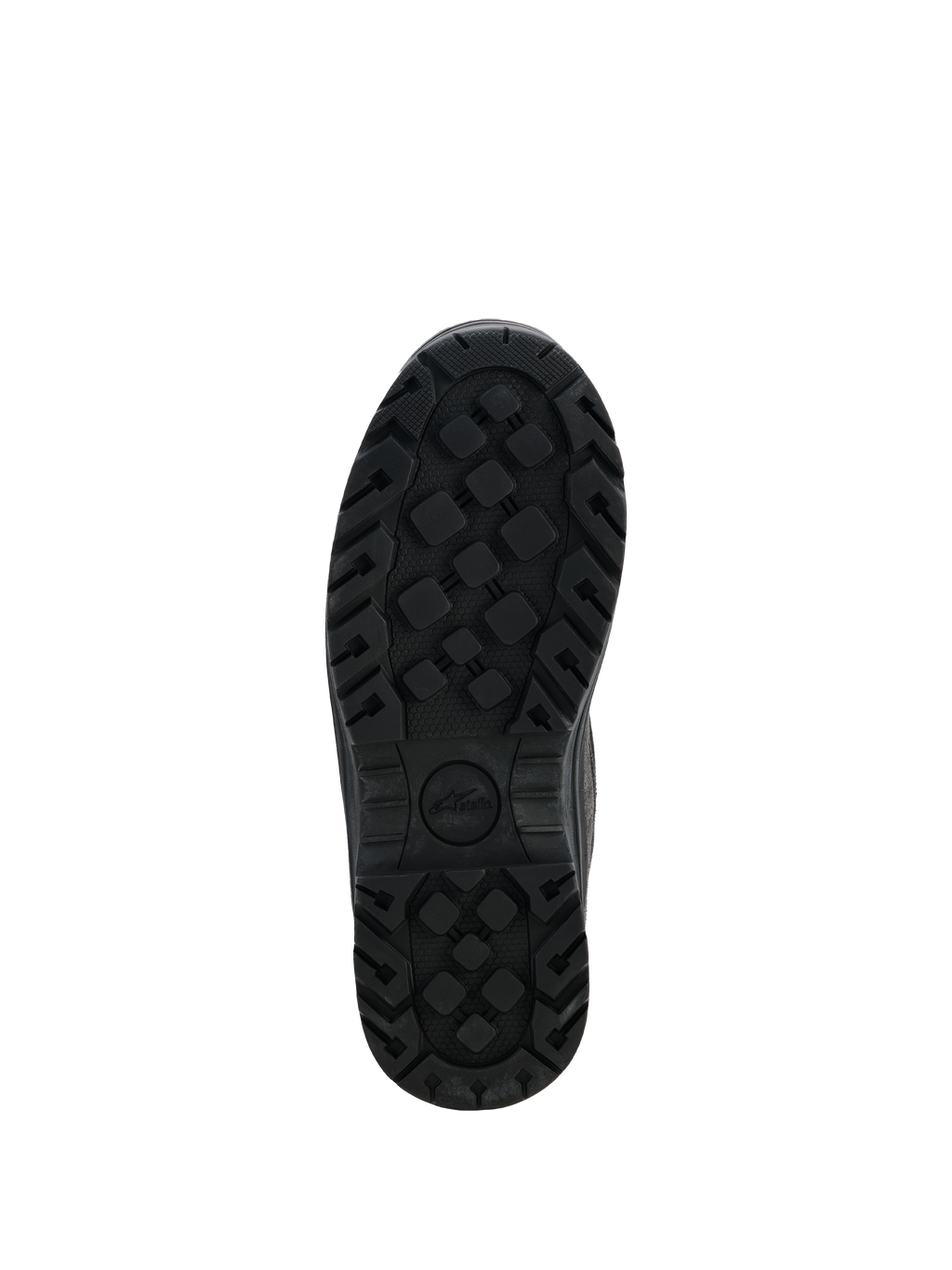 Buty motocyklowe damskie Alpinestars Judy Waterproof, czarne buty motocyklowe, widok od spodu na wytrzymałą gumową podeszwę zewnętrzną, teksturowany wzór bieżnika zapewniający lepszą przyczepność i trwałość, z logo Stella