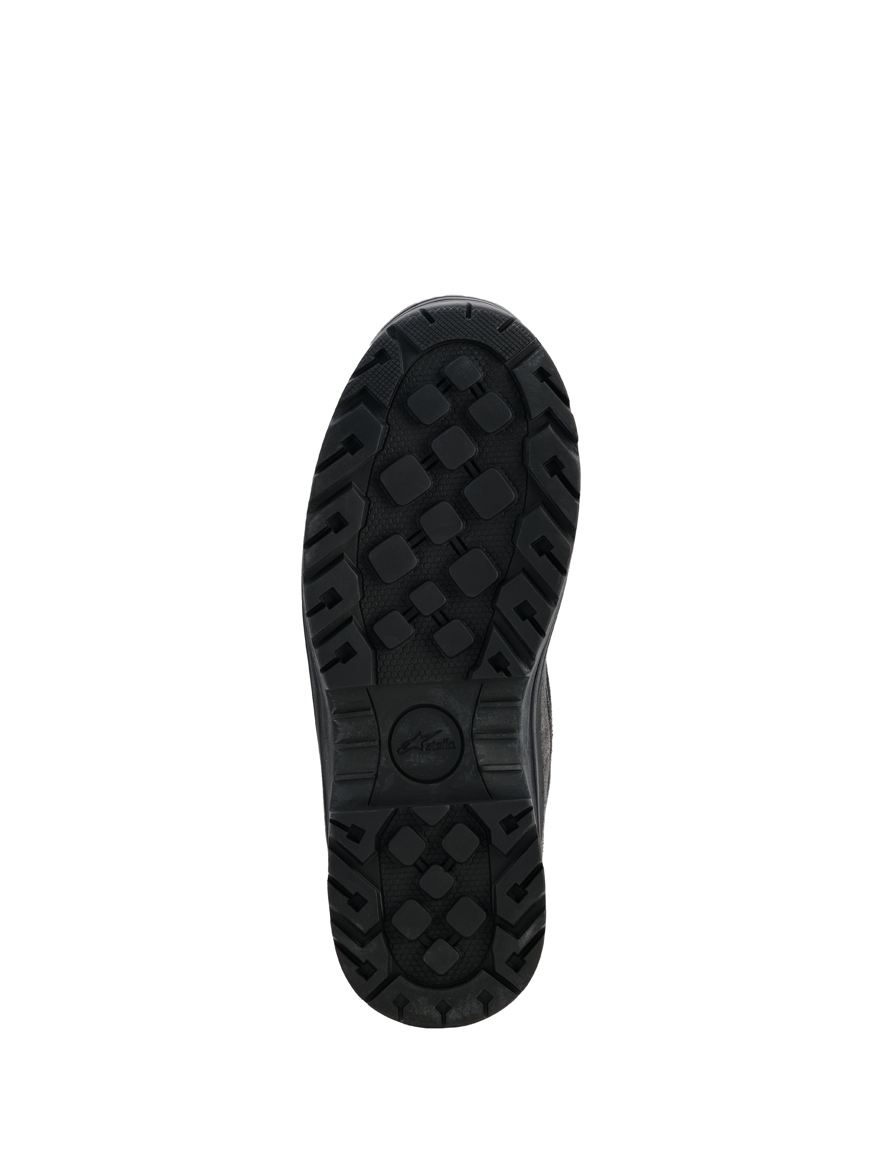 Buty motocyklowe damskie Alpinestars Judy Waterproof, czarne buty motocyklowe, widok od spodu na wytrzymałą gumową podeszwę zewnętrzną, teksturowany wzór bieżnika zapewniający lepszą przyczepność i trwałość, z logo Stella