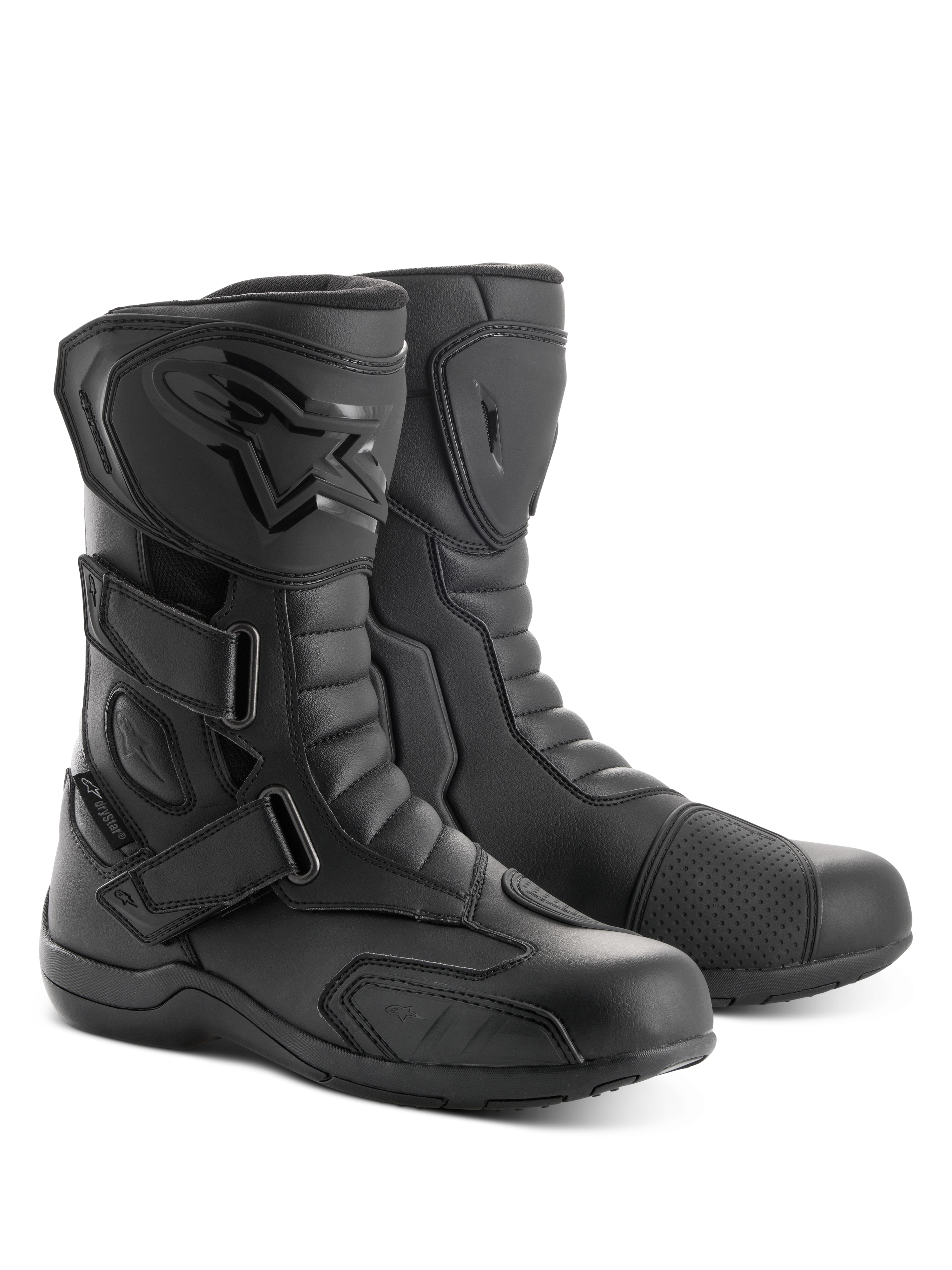 Alpinestars Radon Drystar® Boots, motocyklowe buty turystyczne, czarne, z trzema regulowanymi paskami na rzepy, ochraniaczem goleni TPU z tłoczonym logo oraz wzmocnioną nakładką na dźwignię zmiany biegów, wytrzymała konstrukcja z mikrowłókien do jazdy szosowej i przygodowej