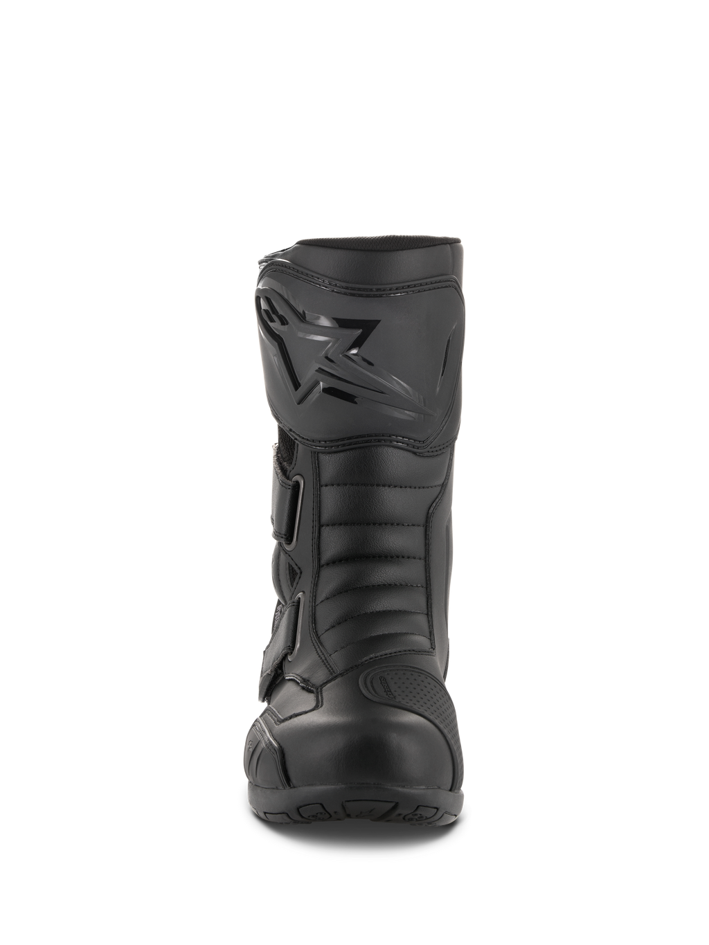 Buty Alpinestars Radon Drystar®, wodoodporne turystyczne buty motocyklowe, czarne, widok z przodu przedstawiający płytkę goleniową z logo Alpinestars, regulowane paski i wzmocniony obszar palców
