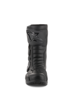 Buty Alpinestars Radon Drystar®, wodoodporne turystyczne buty motocyklowe, czarne, widok z przodu przedstawiający płytkę goleniową z logo Alpinestars, regulowane paski i wzmocniony obszar palców