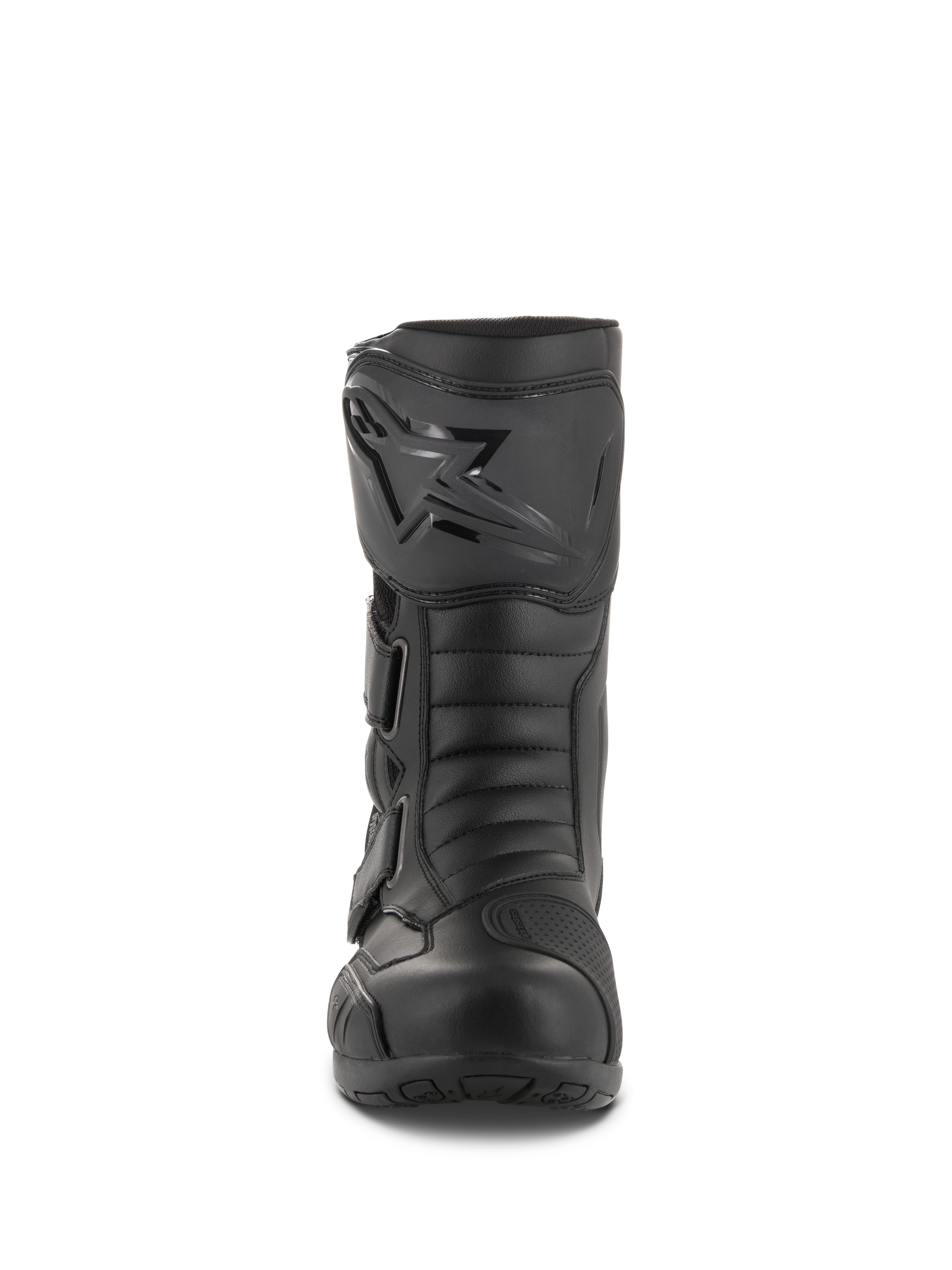 Buty Alpinestars Radon Drystar®, wodoodporne turystyczne buty motocyklowe, czarne, widok z przodu przedstawiający płytkę goleniową z logo Alpinestars, regulowane paski i wzmocniony obszar palców