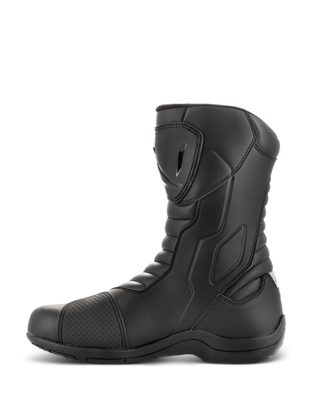 Buty Alpinestars Radon Drystar®, buty motocyklowe turystyczne, czarne, widok z boku z płytką goleni TPU i nakładką na dźwignię zmiany biegów, harmonijkowe strefy elastyczne, wytrzymała konstrukcja z mikrowłókien do jazdy typu adventure