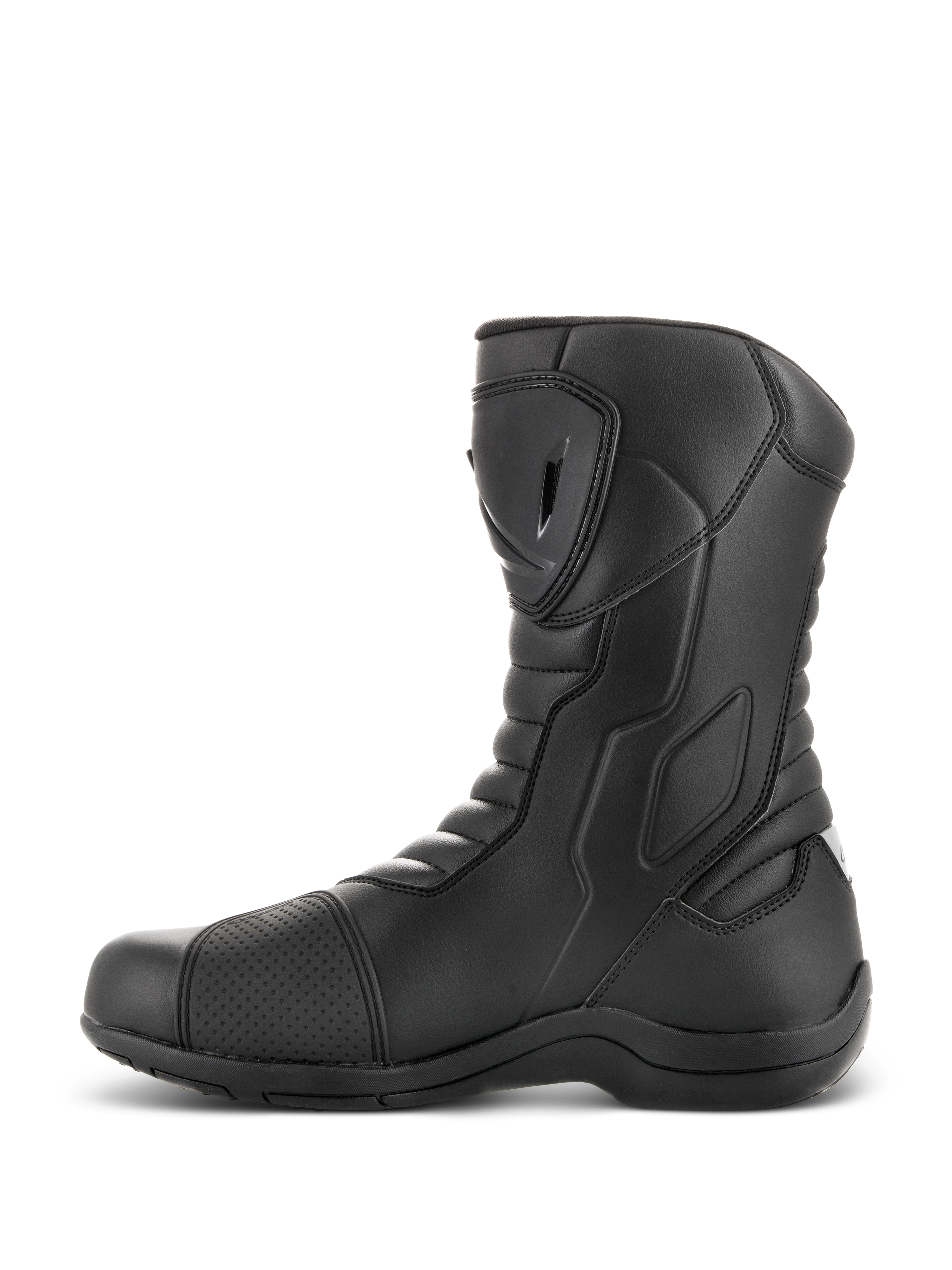 Buty Alpinestars Radon Drystar®, buty motocyklowe turystyczne, czarne, widok z boku z płytką goleni TPU i nakładką na dźwignię zmiany biegów, harmonijkowe strefy elastyczne, wytrzymała konstrukcja z mikrowłókien do jazdy typu adventure