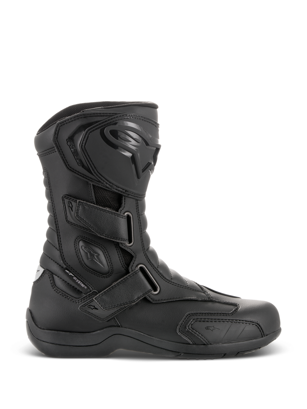 Buty Alpinestars Radon Drystar®, czarne wodoodporne motocyklowe buty turystyczne, widok z boku, trzy regulowane paski na rzepy, ochronna płytka goleni TPU z logo Alpinestars, wzmocniona ochrona kostki i wytrzymała wulkanizowana podeszwa.