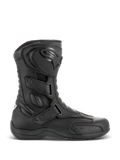 Buty Alpinestars Radon Drystar®, czarne wodoodporne motocyklowe buty turystyczne, widok z boku, trzy regulowane paski na rzepy, ochronna płytka goleni TPU z logo Alpinestars, wzmocniona ochrona kostki i wytrzymała wulkanizowana podeszwa.