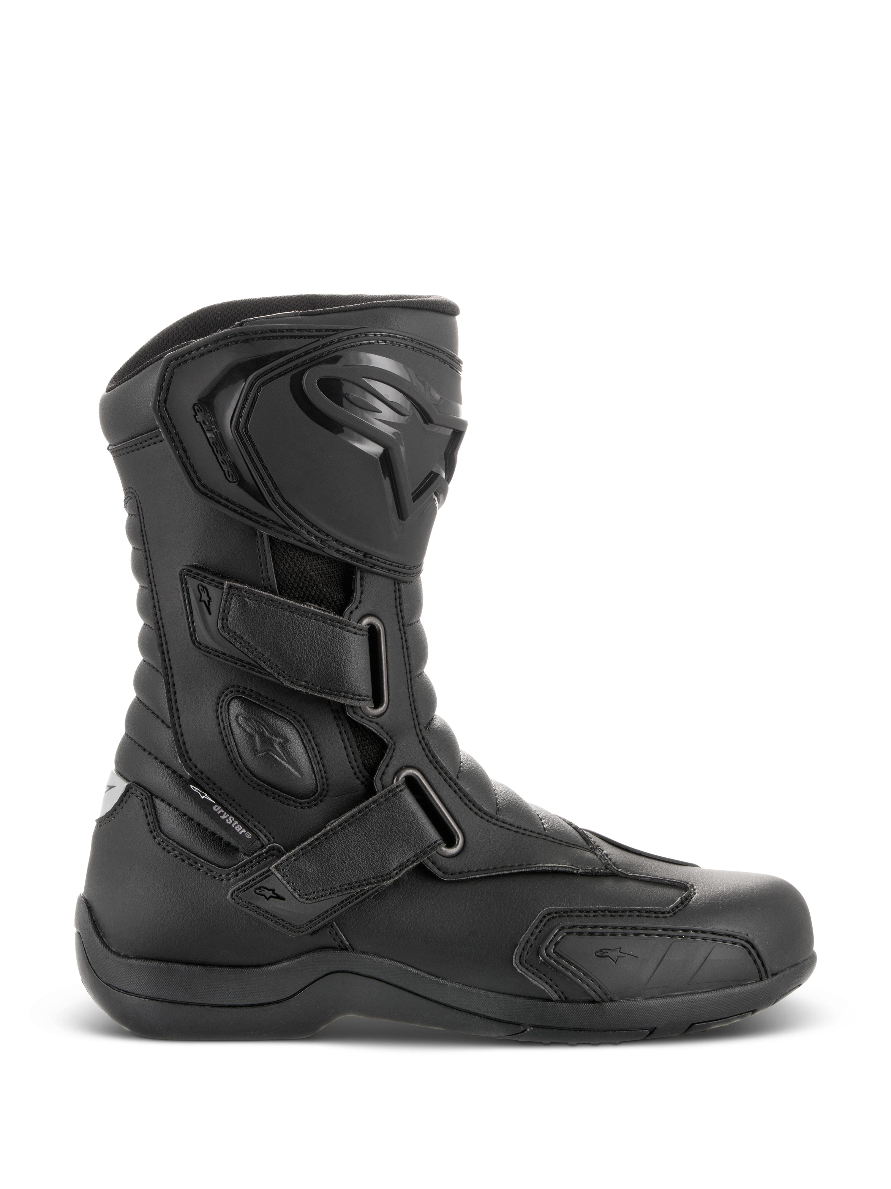 Buty Alpinestars Radon Drystar®, czarne wodoodporne motocyklowe buty turystyczne, widok z boku, trzy regulowane paski na rzepy, ochronna płytka goleni TPU z logo Alpinestars, wzmocniona ochrona kostki i wytrzymała wulkanizowana podeszwa.