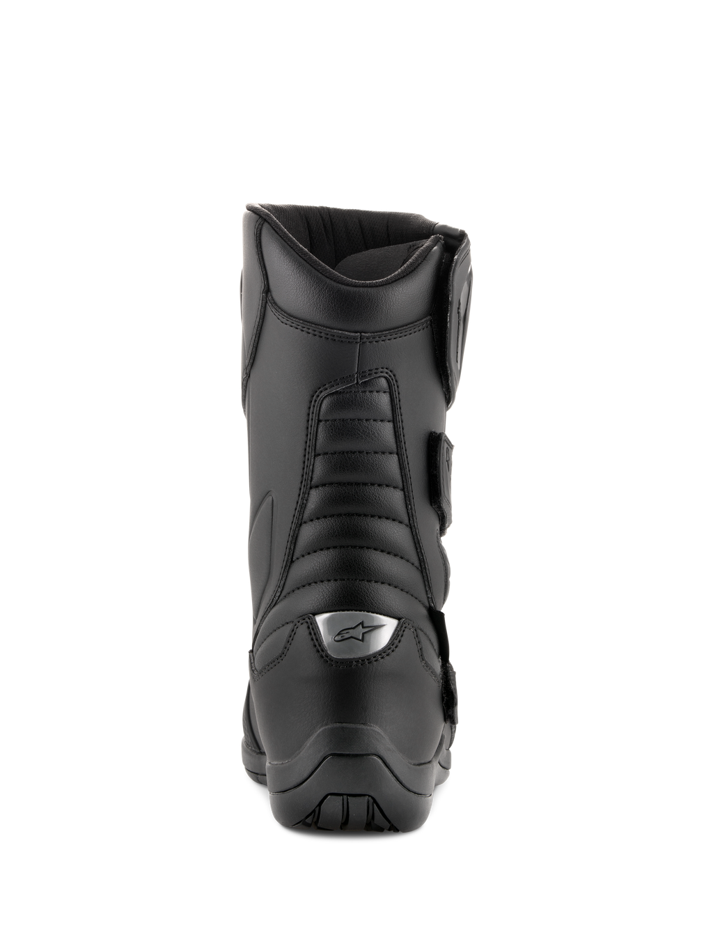 Alpinestars Radon Drystar® Boots, czarne, turystyczne buty motocyklowe, widok z tyłu z harmonijkowymi strefami elastycznymi i srebrnym logo na pięcie, wytrzymała konstrukcja z mikrowłókien