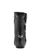 Alpinestars Radon Drystar® Boots, czarne, turystyczne buty motocyklowe, widok z tyłu z harmonijkowymi strefami elastycznymi i srebrnym logo na pięcie, wytrzymała konstrukcja z mikrowłókien
