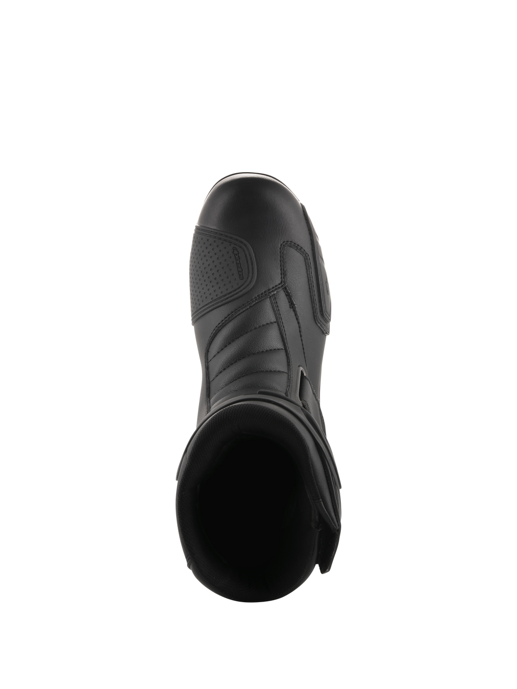 Buty Alpinestars Radon Drystar®, czarne, widok z góry na motocyklowe buty turystyczne ze wzmocnioną nakładką na dźwignię zmiany biegów i ergonomiczną częścią palcową, smukły materiał syntetyczny zapewniający wodoodporność i wydajność całosezonową