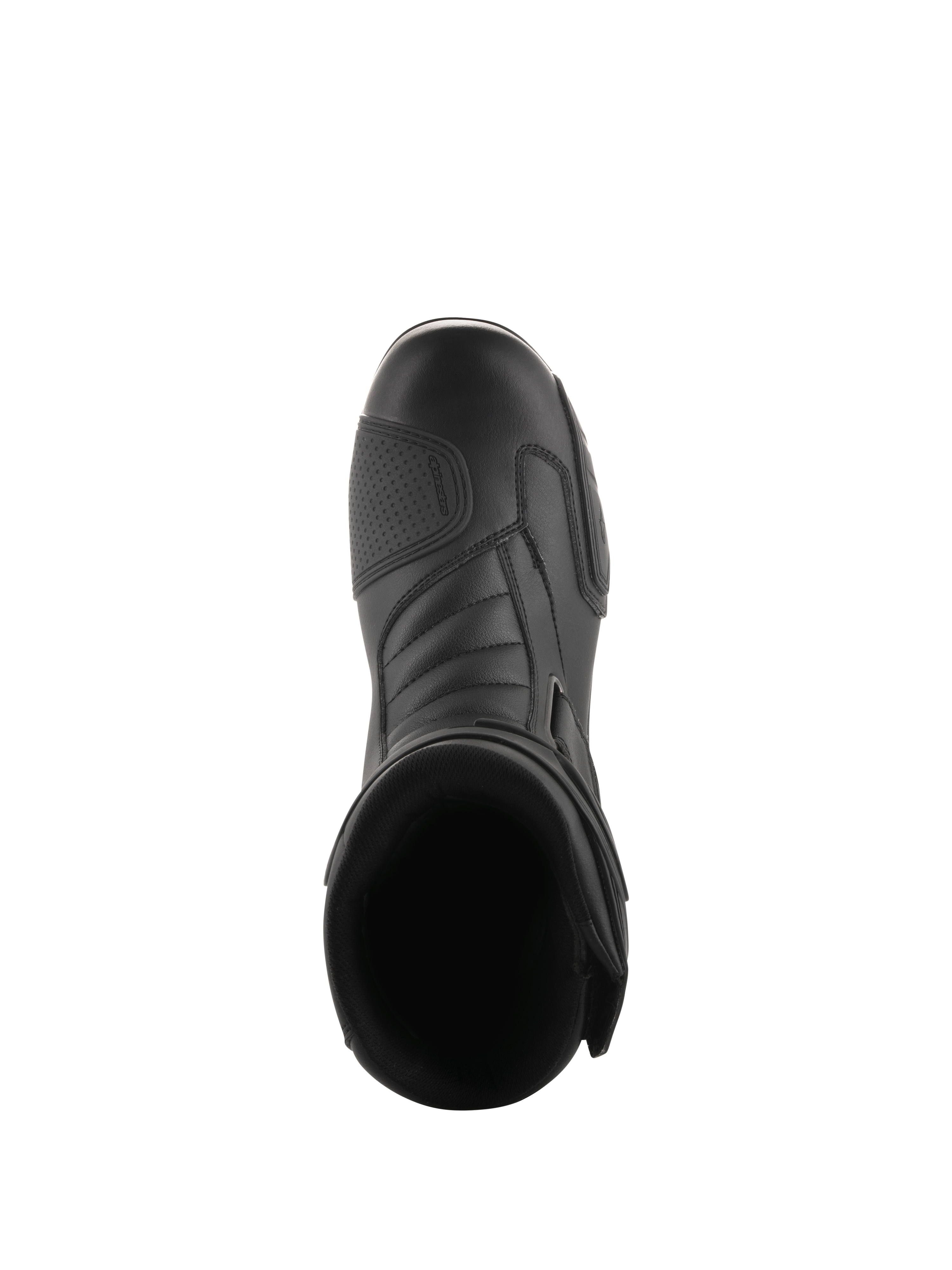 Buty Alpinestars Radon Drystar®, czarne, widok z góry na motocyklowe buty turystyczne ze wzmocnioną nakładką na dźwignię zmiany biegów i ergonomiczną częścią palcową, smukły materiał syntetyczny zapewniający wodoodporność i wydajność całosezonową