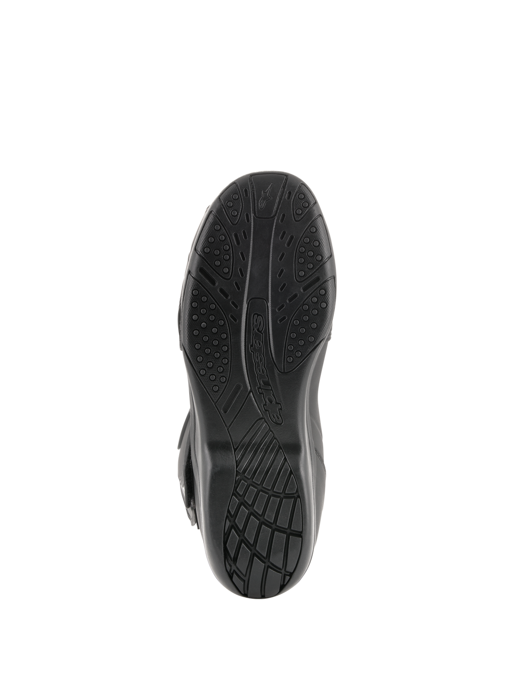 Alpinestars Radon Drystar® Boots, turystyczne buty motocyklowe, widok od dołu na podeszwę z czarnej wulkanizowanej mieszanki z teksturowanym wzorem przyczepności i logo Alpinestars