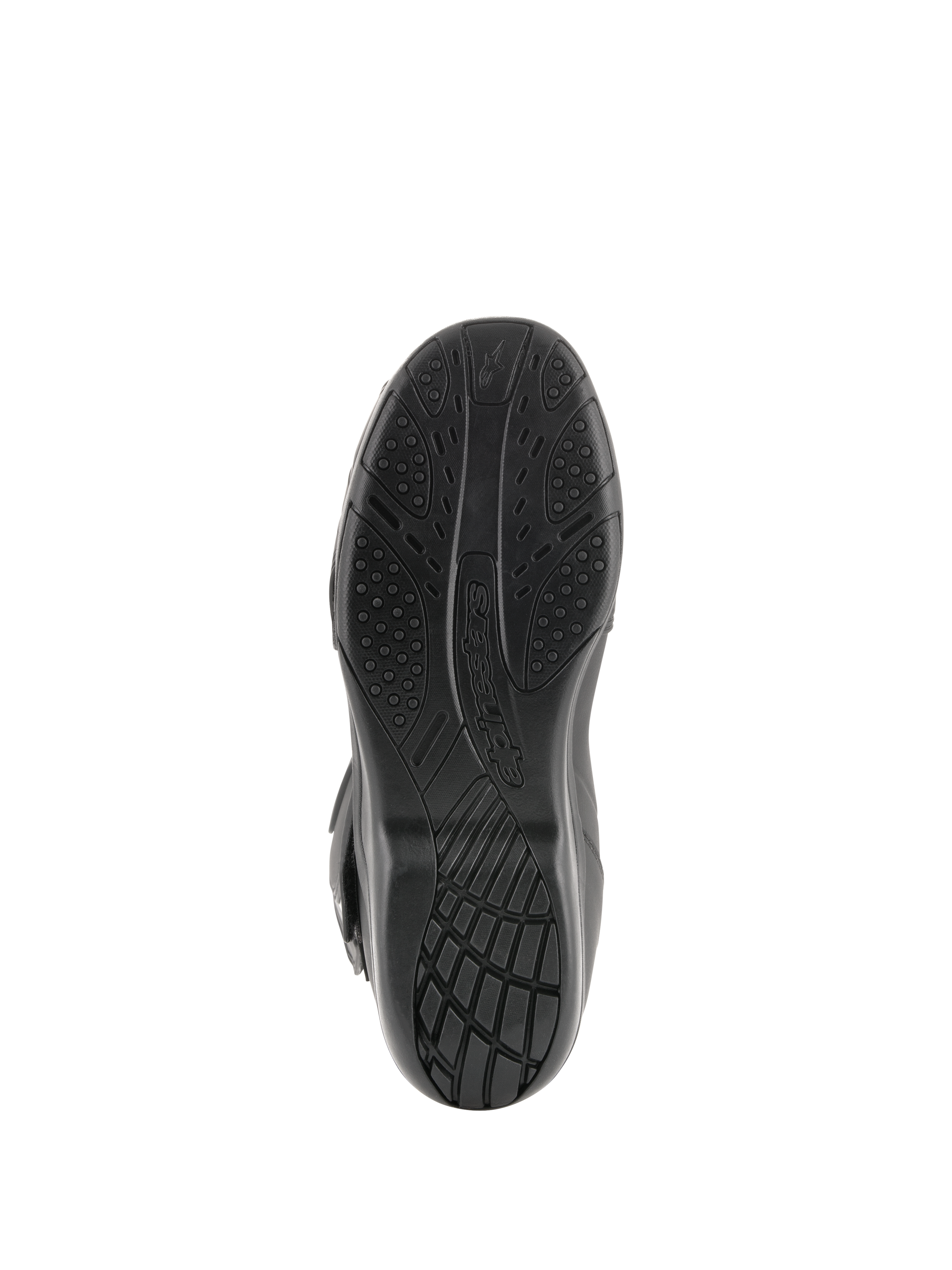 Alpinestars Radon Drystar® Boots, turystyczne buty motocyklowe, widok od dołu na podeszwę z czarnej wulkanizowanej mieszanki z teksturowanym wzorem przyczepności i logo Alpinestars