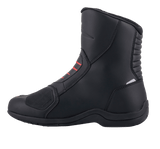 Alpinestars Ridge V2 Waterproof Boot, Black, side profile of motorcycle touring boot featuring red accents on the bridge, reinforced shifter pad, and accordion flex panels on the heel