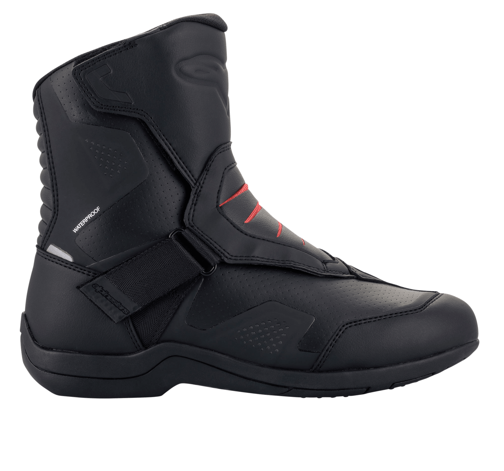 Alpinestars Ridge V2 Waterproof Boot, buty motocyklowe turystyczne, czarne z czerwonymi akcentami, wysokość do połowy łydki, zapięcie na rzep, perforowane panele wentylacyjne, wzmocniona pięta i palce, konstrukcja ze skóry syntetycznej