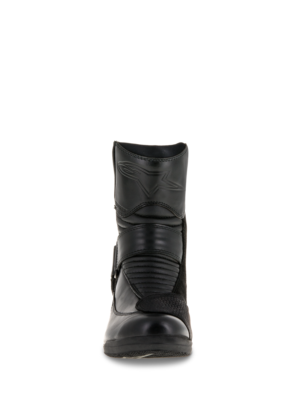 Damskie buty Alpinestars Stella Valencia Waterproof, widok z przodu, czarna skórzana konstrukcja, przednie harmonijkowe strefy elastyczne i wytłoczone logo gwiazdy na goleniu, niskie wodoodporne buty motocyklowe turystyczne