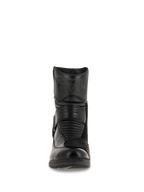 Damskie buty Alpinestars Stella Valencia Waterproof, widok z przodu, czarna skórzana konstrukcja, przednie harmonijkowe strefy elastyczne i wytłoczone logo gwiazdy na goleniu, niskie wodoodporne buty motocyklowe turystyczne