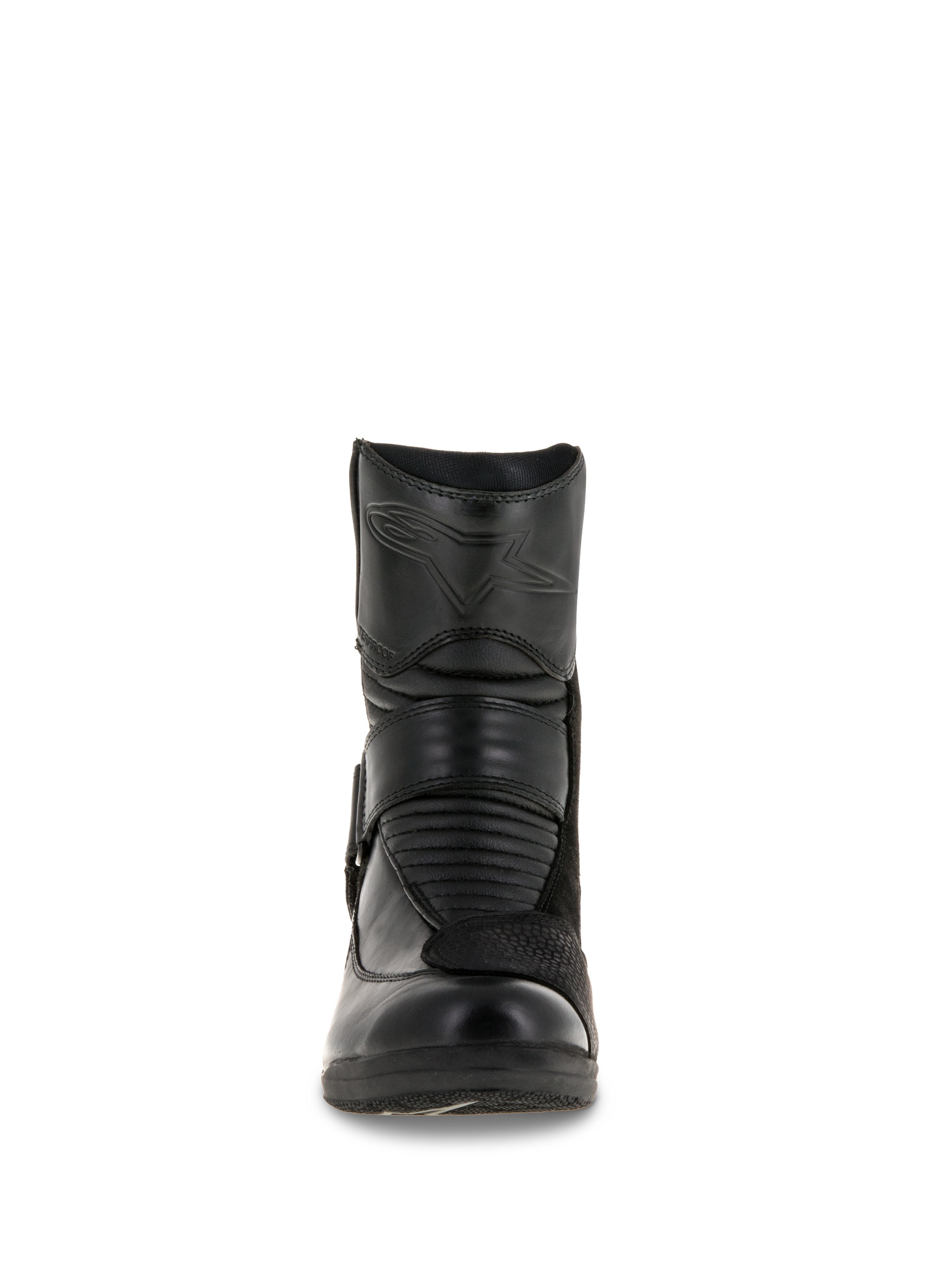 Damskie buty Alpinestars Stella Valencia Waterproof, widok z przodu, czarna skórzana konstrukcja, przednie harmonijkowe strefy elastyczne i wytłoczone logo gwiazdy na goleniu, niskie wodoodporne buty motocyklowe turystyczne
