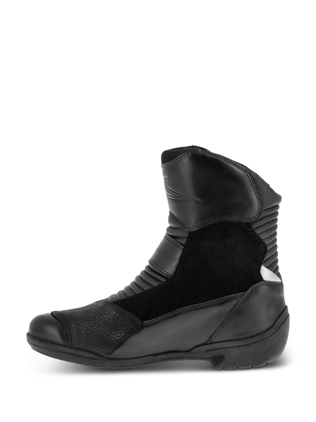 Alpinestars Stella Valencia Waterproof Boots, damskie buty motocyklowe, czarne, widok z boku, wielopanelowa konstrukcja ze skóry i zamszu, przednie i tylne strefy harmonijkowe, niskie buty turystyczne