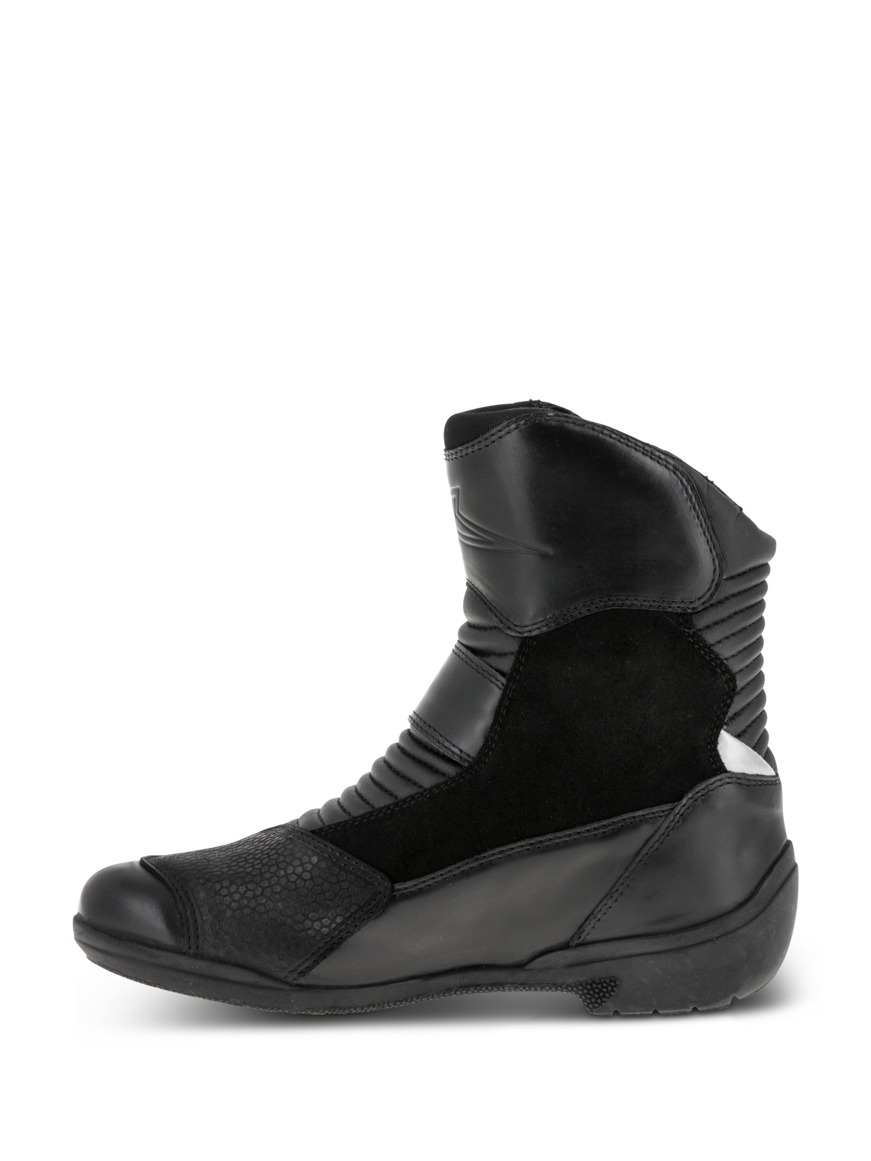 Alpinestars Stella Valencia Waterproof Boots, damskie buty motocyklowe, czarne, widok z boku, wielopanelowa konstrukcja ze skóry i zamszu, przednie i tylne strefy harmonijkowe, niskie buty turystyczne
