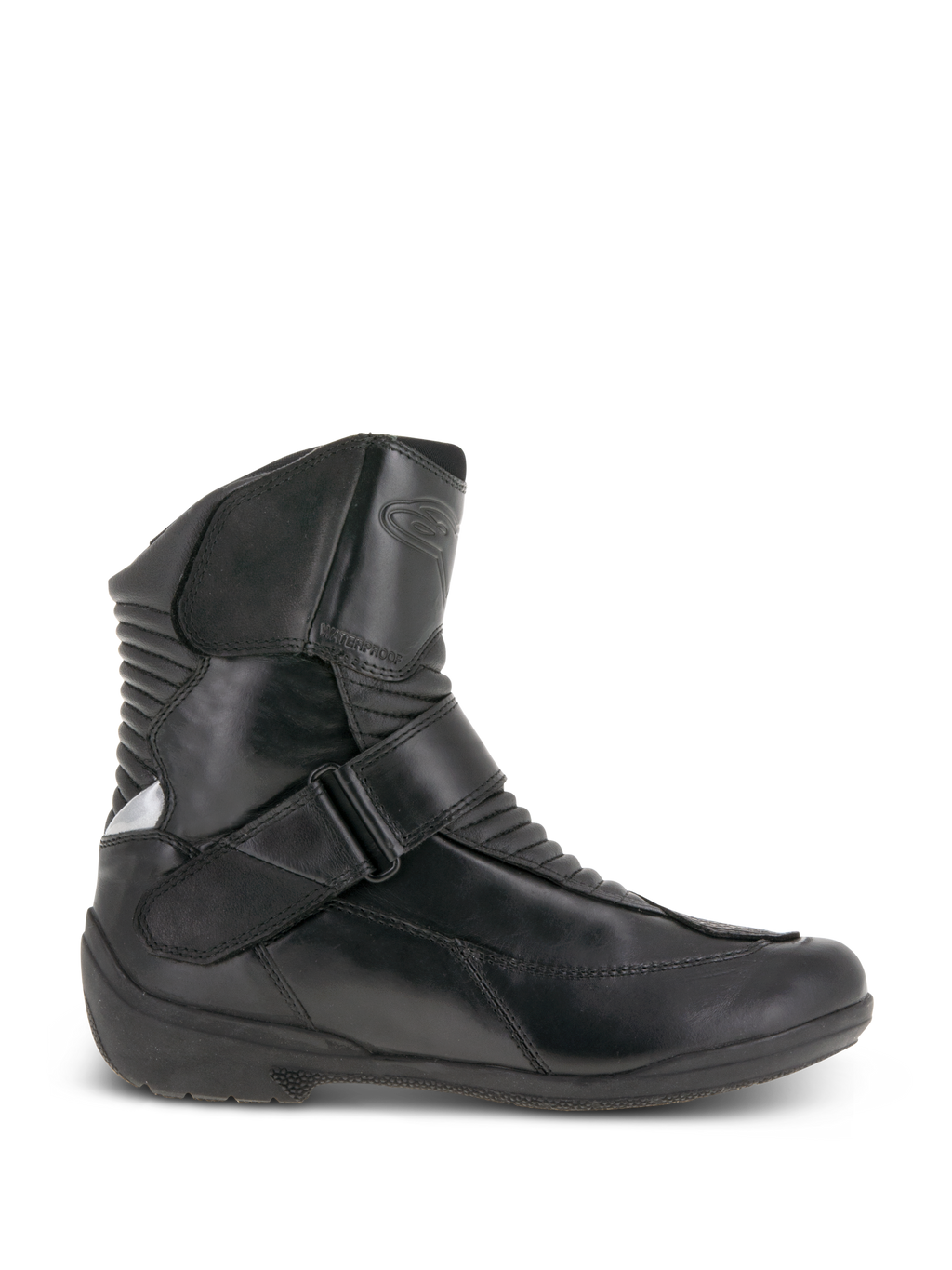 Alpinestars Stella Valencia Waterproof Boots, damskie motocyklowe buty turystyczne, czarne, widok z boku, skórzana konstrukcja z przednimi i tylnymi harmonijkowymi strefami elastycznymi, pasek z klamrą na podbiciu i teksturowana gumowa podeszwa
