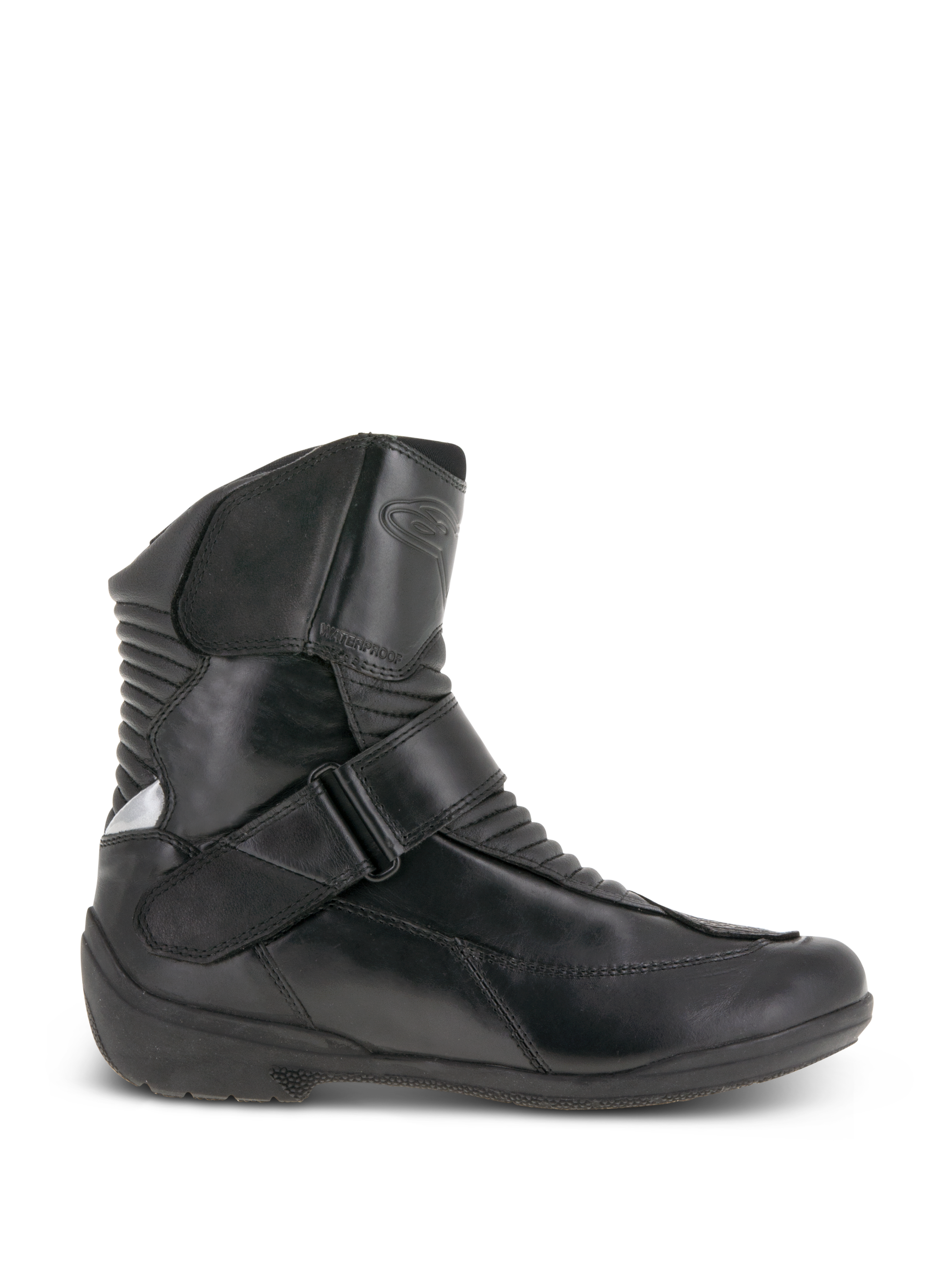 Alpinestars Stella Valencia Waterproof Boots, damskie motocyklowe buty turystyczne, czarne, widok z boku, skórzana konstrukcja z przednimi i tylnymi harmonijkowymi strefami elastycznymi, pasek z klamrą na podbiciu i teksturowana gumowa podeszwa