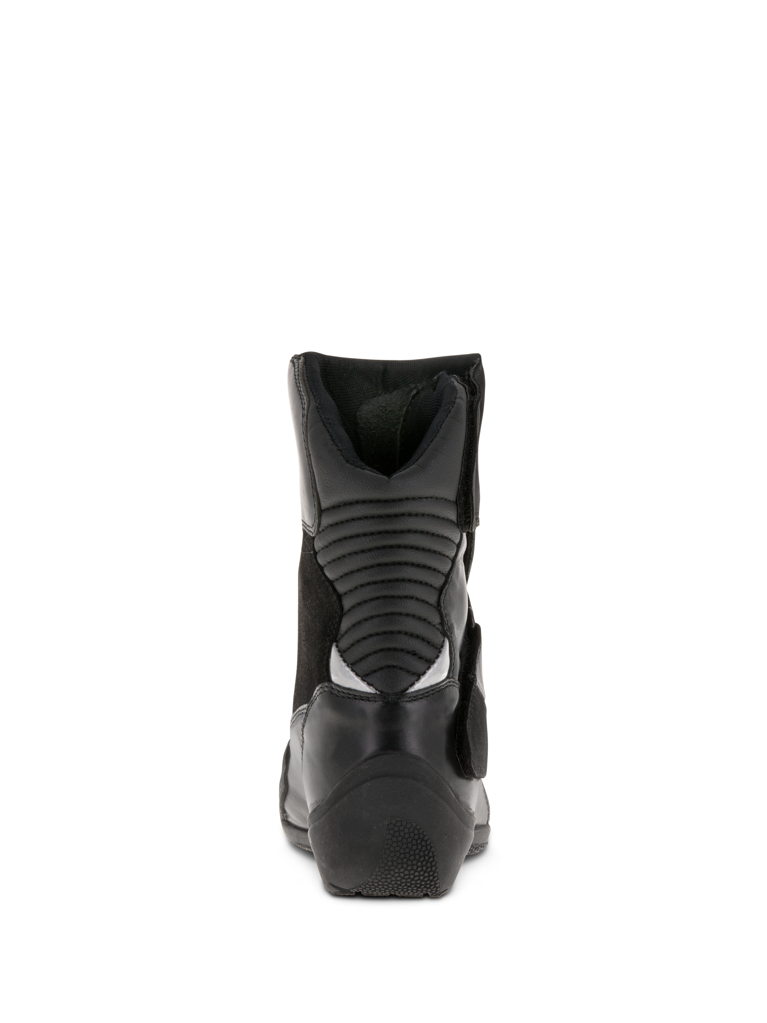 Damskie buty Alpinestars Stella Valencia Waterproof, czarne, widok z tyłu pokazujący tylne harmonijkowe strefy zgięcia, niskie buty motocyklowe turystyczne ze skóry i zamszu z teksturowaną piętą