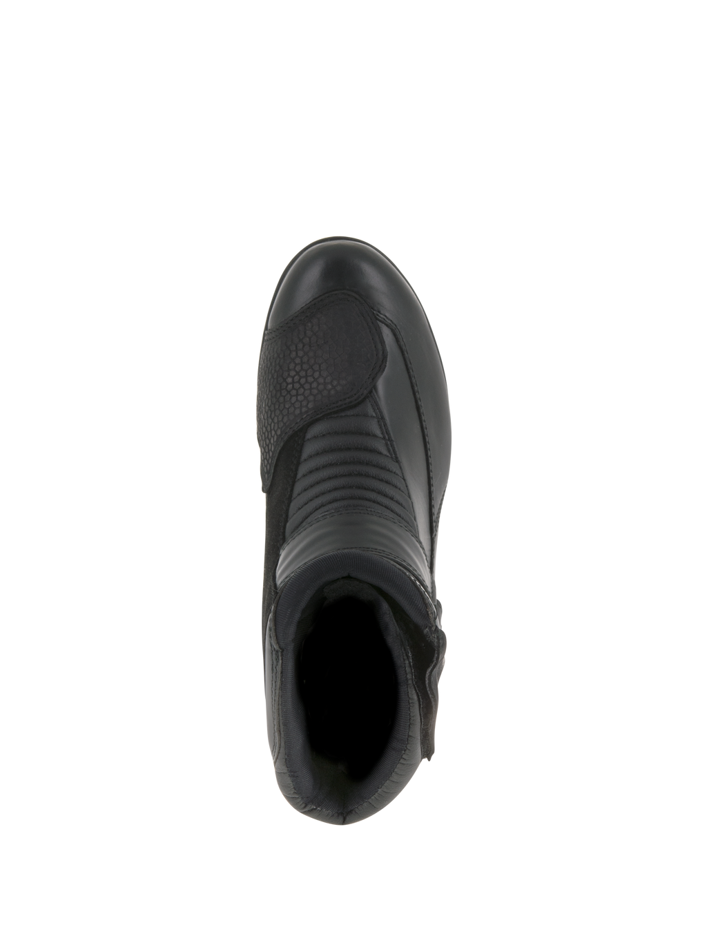 Alpinestars Stella Valencia Waterproof, damskie buty motocyklowe, czarne, widok z góry podkreślający harmonijkowe strefy elastyczne i teksturowane wzmocnienie pod dźwignię zmiany biegów, niska konstrukcja ze skóry i zamszu do jazdy turystycznej
