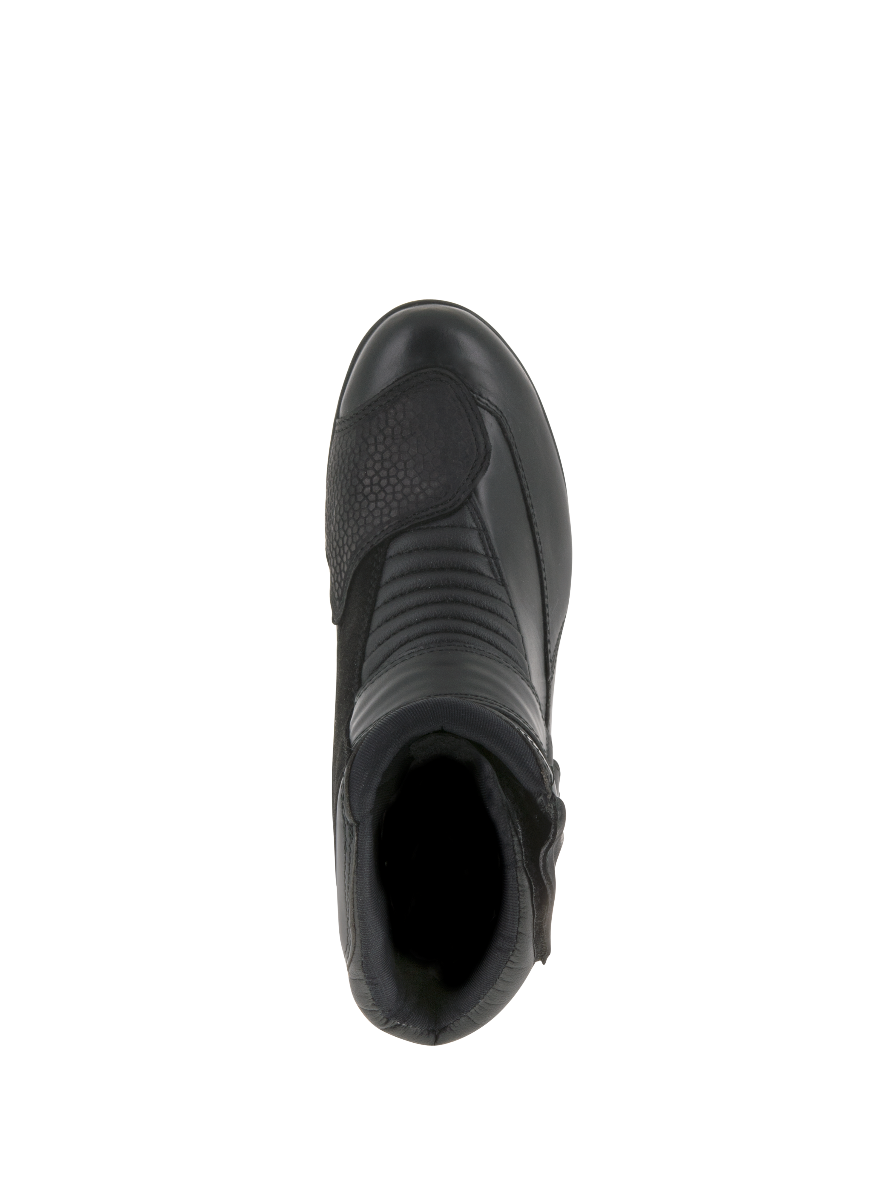 Alpinestars Stella Valencia Waterproof, damskie buty motocyklowe, czarne, widok z góry podkreślający harmonijkowe strefy elastyczne i teksturowane wzmocnienie pod dźwignię zmiany biegów, niska konstrukcja ze skóry i zamszu do jazdy turystycznej