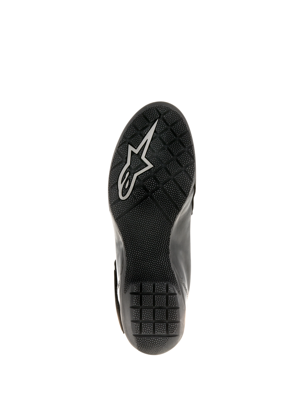Damskie buty motocyklowe Alpinestars Stella Valencia Waterproof, czarne, widok podeszwy z teksturowanej gumy z antypoślizgowym wzorem i białym logo Astars, zaprojektowane dla stabilności podczas jazdy turystycznej