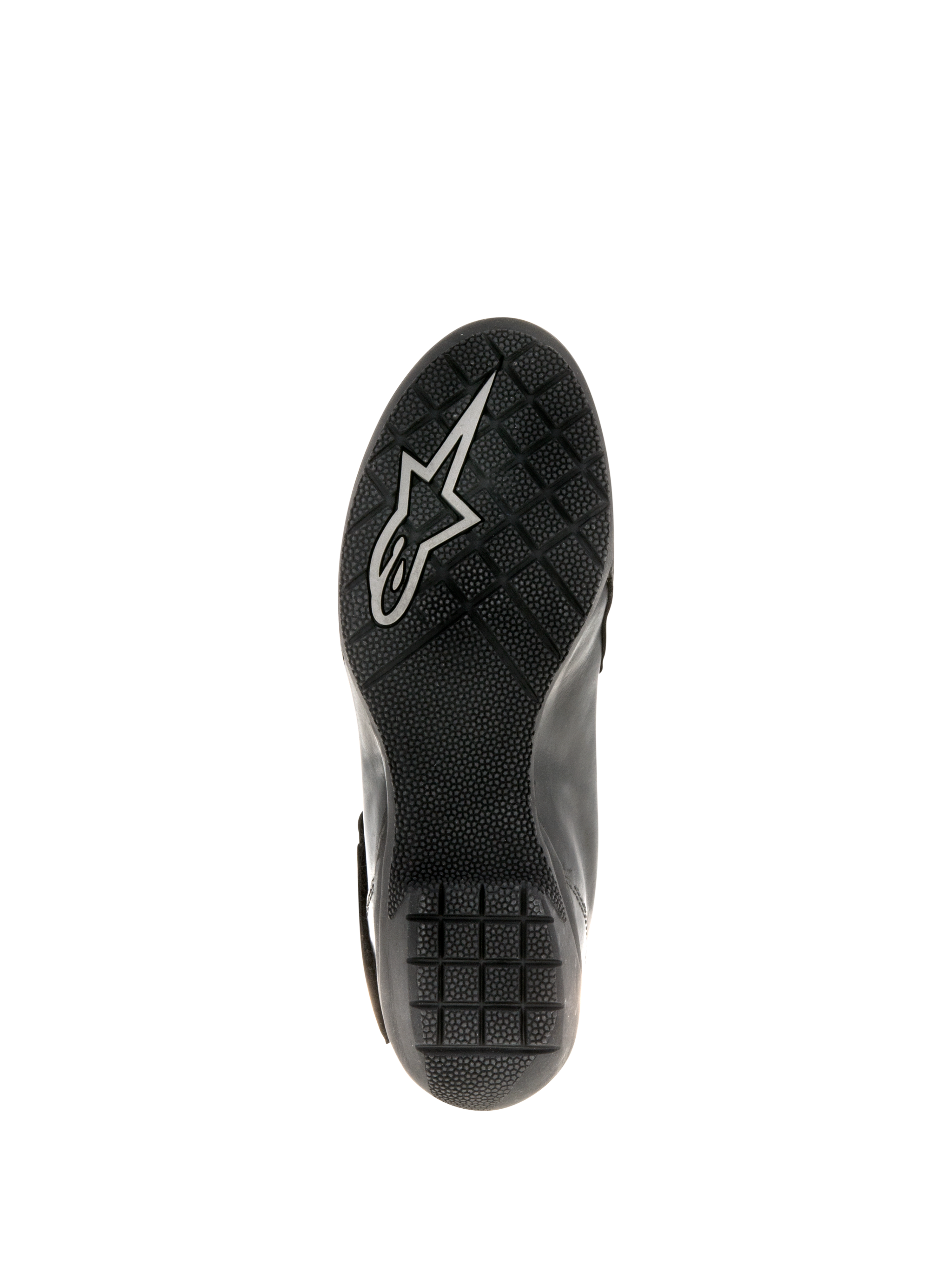 Damskie buty motocyklowe Alpinestars Stella Valencia Waterproof, czarne, widok podeszwy z teksturowanej gumy z antypoślizgowym wzorem i białym logo Astars, zaprojektowane dla stabilności podczas jazdy turystycznej