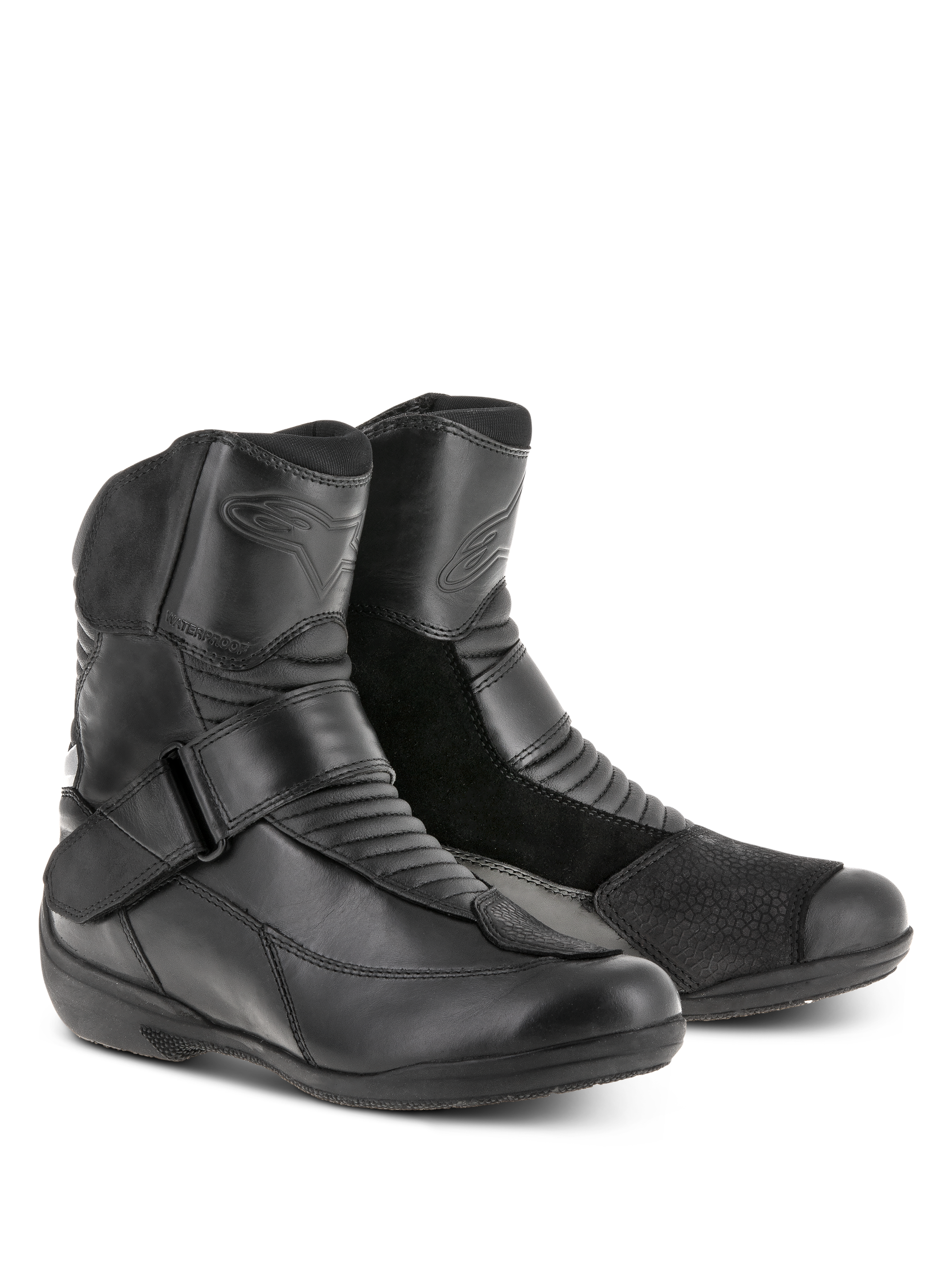 Alpinestars Stella Valencia Waterproof Boots, damskie buty motocyklowe, czarne, niskie buty turystyczne z panelami ze skóry i zamszu, harmonijkowe strefy elastyczne i pasek z klamrą na podbiciu, wodoodporne obuwie dla kobiet