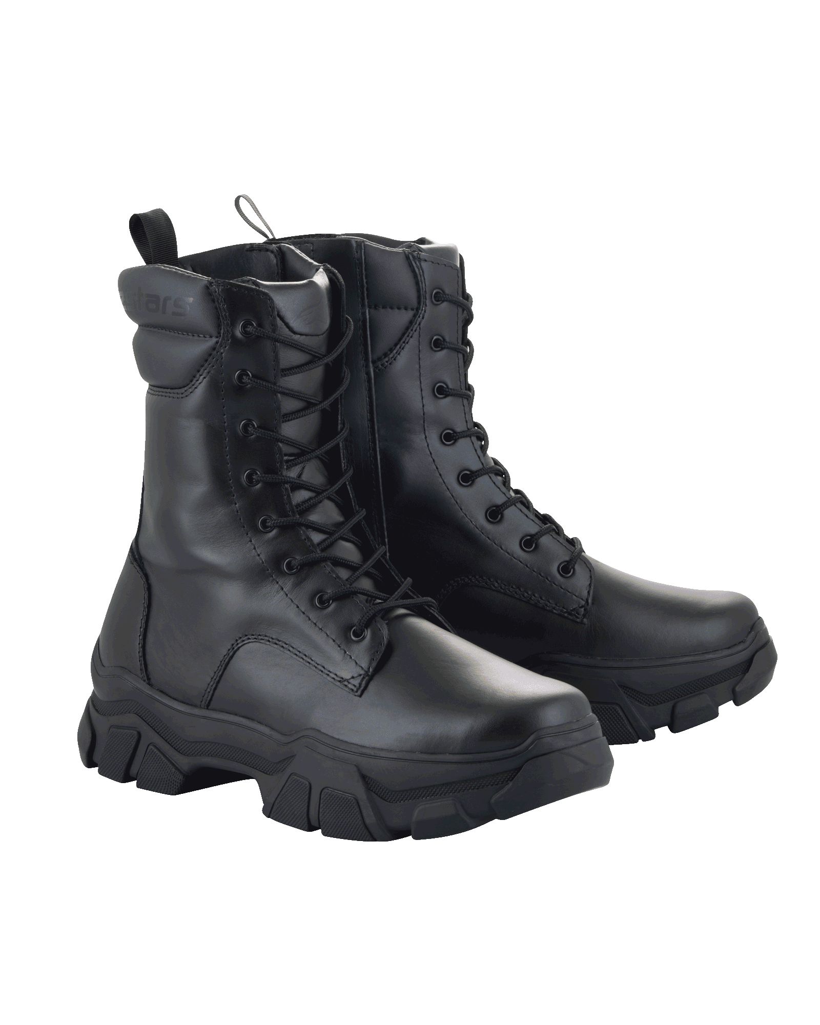 Damskie buty Alpinestars Ava, miejskie buty motocyklowe, czarne, konstrukcja ze skóry licowej, gruba podwyższona gumowa podeszwa, sznurowanie z przodu i boczny zamek, surowy styl użytkowy