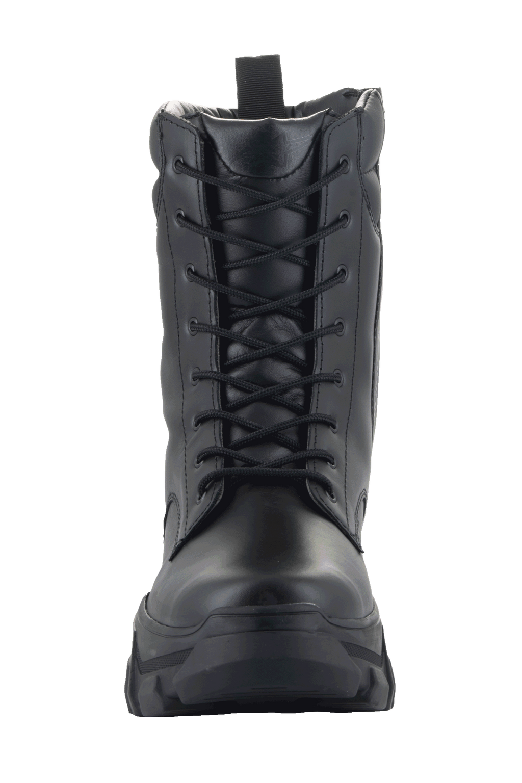 Damskie buty Alpinestars Ava, miejskie buty motocyklowe, czarne, widok z przodu przedstawiający konstrukcję ze skóry licowej, sznurowanie oraz masywną, podwyższoną podeszwę, surowy, utylitarny styl do jazdy na motocyklu