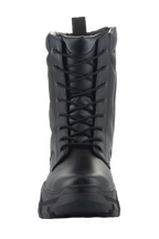 Damskie buty Alpinestars Ava, miejskie buty motocyklowe, czarne, widok z przodu przedstawiający konstrukcję ze skóry licowej, sznurowanie oraz masywną, podwyższoną podeszwę, surowy, utylitarny styl do jazdy na motocyklu