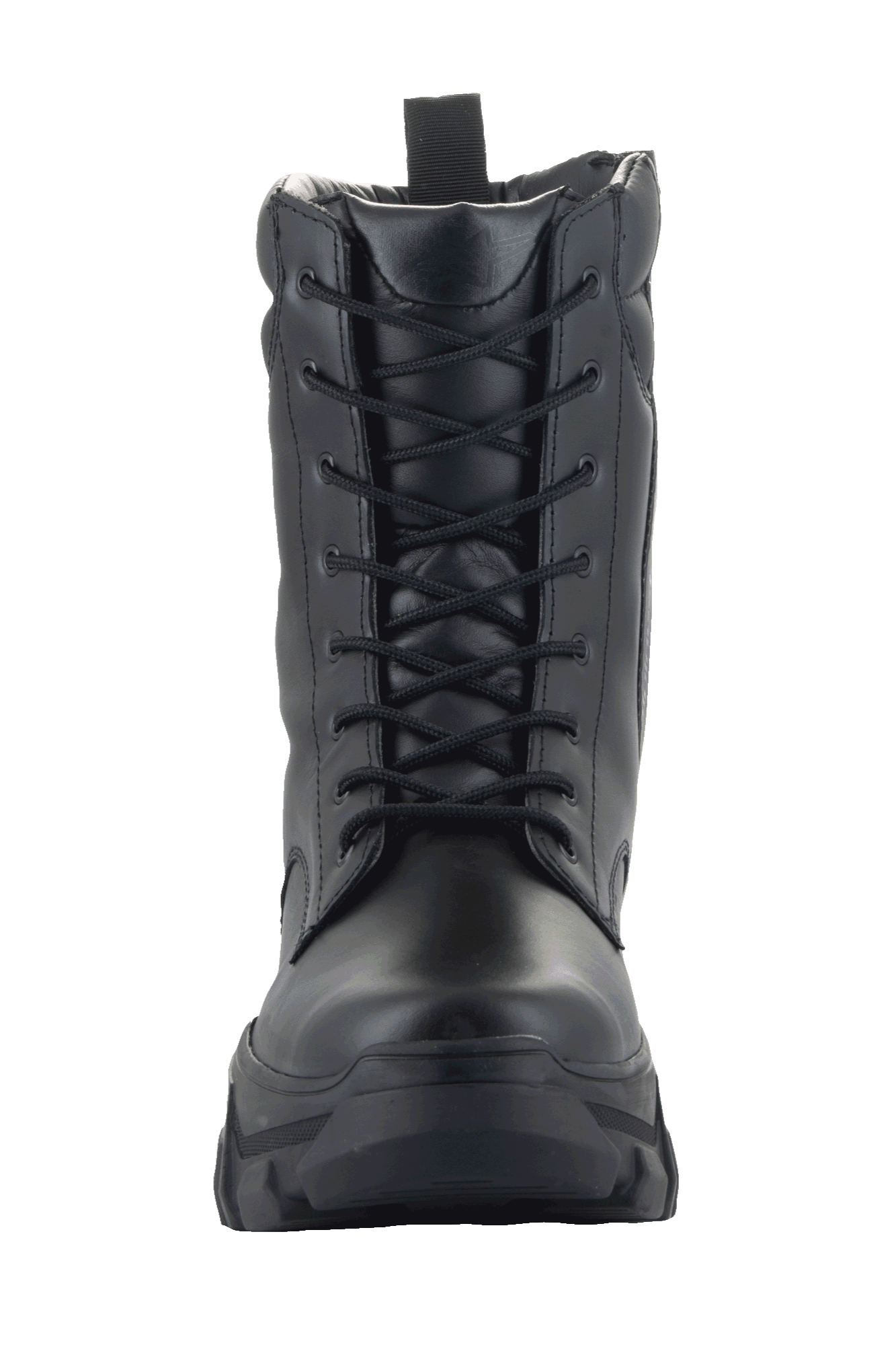 Damskie buty Alpinestars Ava, miejskie buty motocyklowe, czarne, widok z przodu przedstawiający konstrukcję ze skóry licowej, sznurowanie oraz masywną, podwyższoną podeszwę, surowy, utylitarny styl do jazdy na motocyklu
