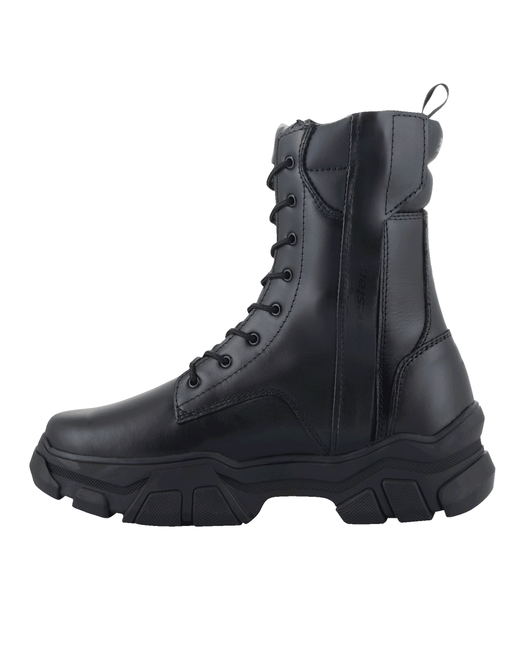 Alpinestars Ava Women Boots, czarna skóra pełnoziarnista, miejskie buty motocyklowe z podwyższoną masywną gumową podeszwą, sznurowanie z przodu i boczny zamek, obuwie ochronne dla kobiet