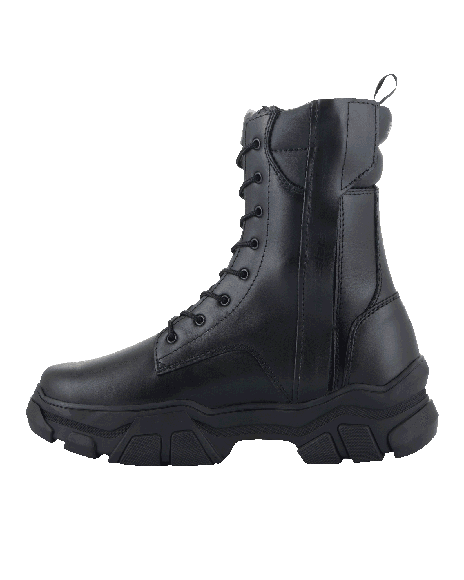 Alpinestars Ava Women Boots, czarna skóra pełnoziarnista, miejskie buty motocyklowe z podwyższoną masywną gumową podeszwą, sznurowanie z przodu i boczny zamek, obuwie ochronne dla kobiet