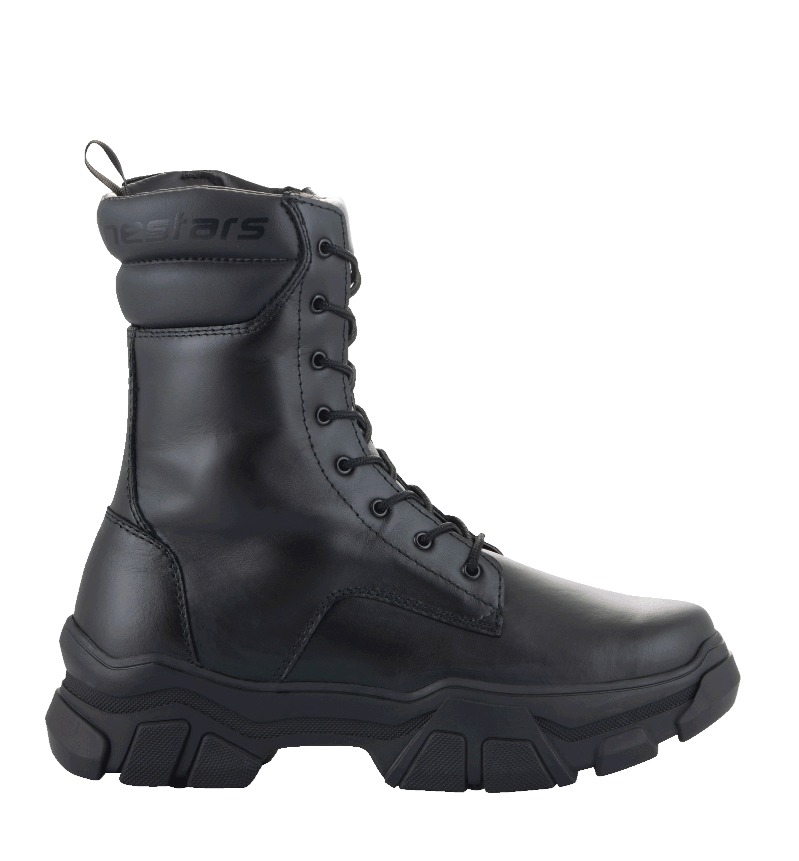 Damskie buty Alpinestars Ava, miejskie buty motocyklowe, czarne, widok z boku, gruba podwyższona gumowa podeszwa, konstrukcja ze skóry pełnoziarnistej, sznurowane zapięcie, design inspirowany stylem użytkowym do jazdy i chodzenia